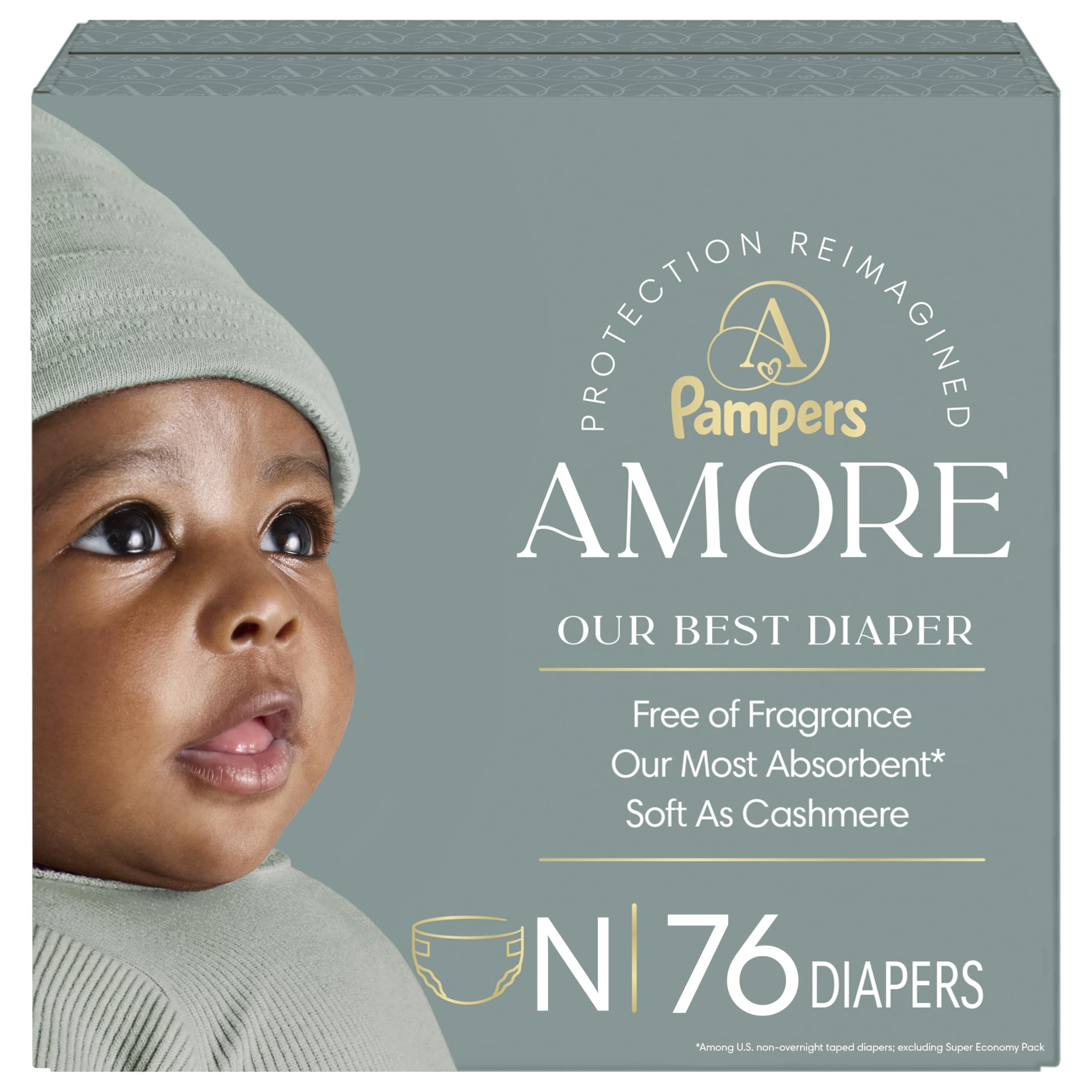 Pampers Amore, Size 0 (up to 10 lbs), 76 Count, Our Best Diaper – Hypoallergenic & Fragrance Free, Up to 100% Leakproof, Soft as Cashmere
