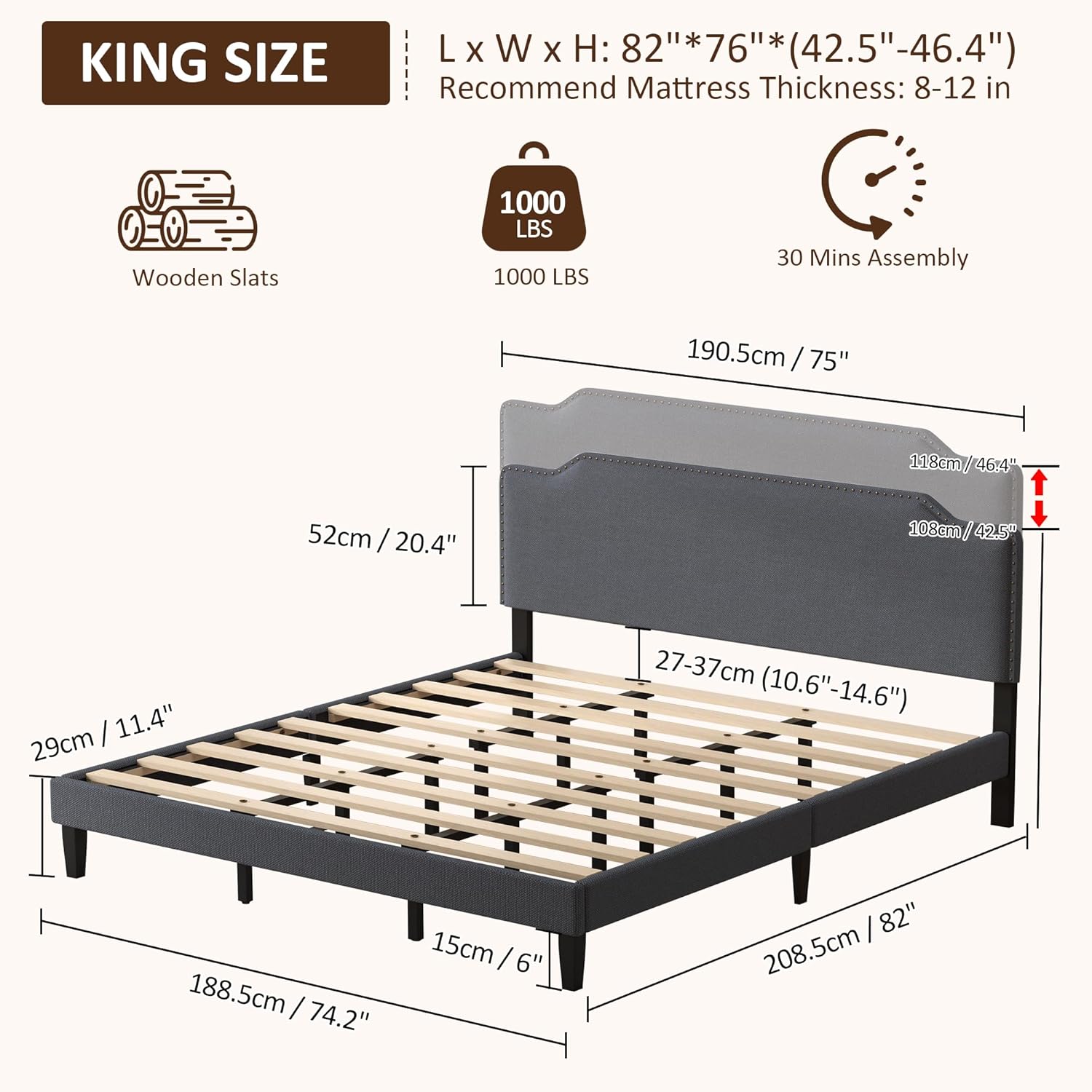 King Bed Frame, Dark Grey, Upholstered Wooden Slat Bed Frame with Headboard, Easy Assembly, Underbed Storage, No Box Spring Needed, 190×208CM