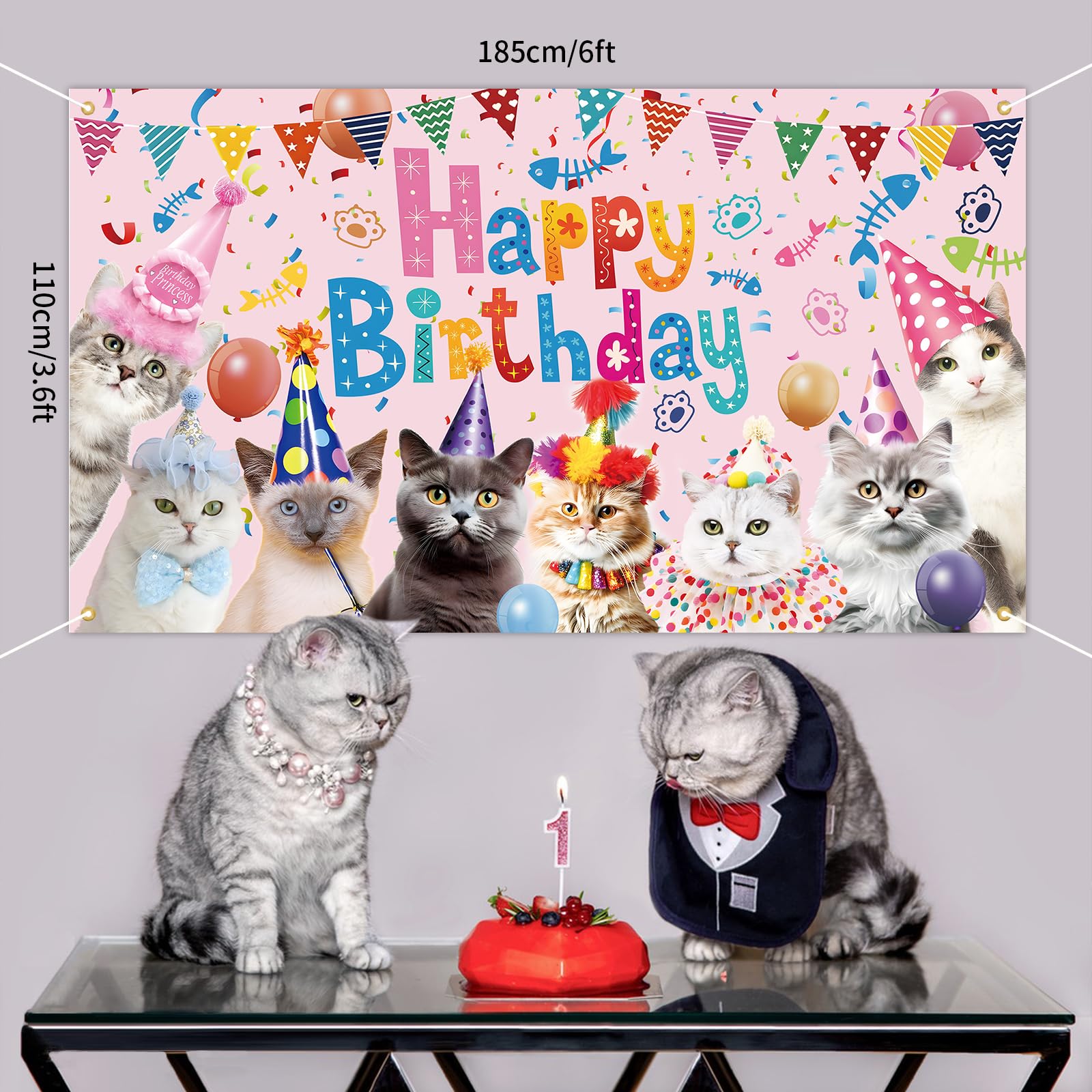 Couryxqq Cat Birthday Decorations, 6*3.6ft Happy Birthday Banner, Reusable Happy Birthday Backdrop, Pink Birthday Decorations, Durable Party Decorations Photography Background, Perfect Party Supplies