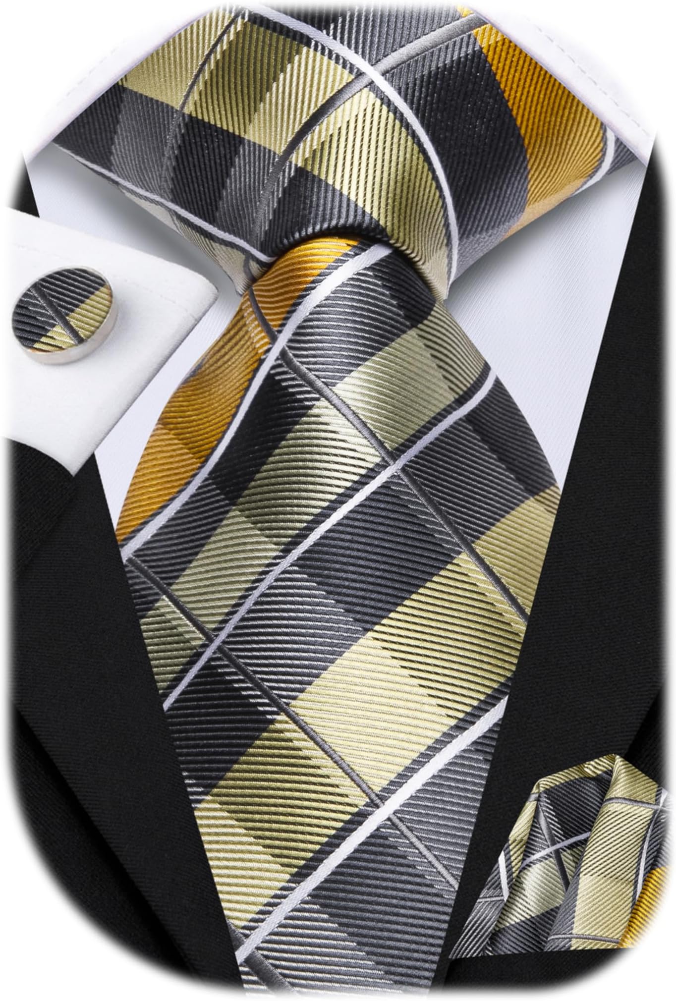 Mens Plaid Ties Classic Paisley Necktie with Handkerchief Cufflinks Set Business Stripe Tie