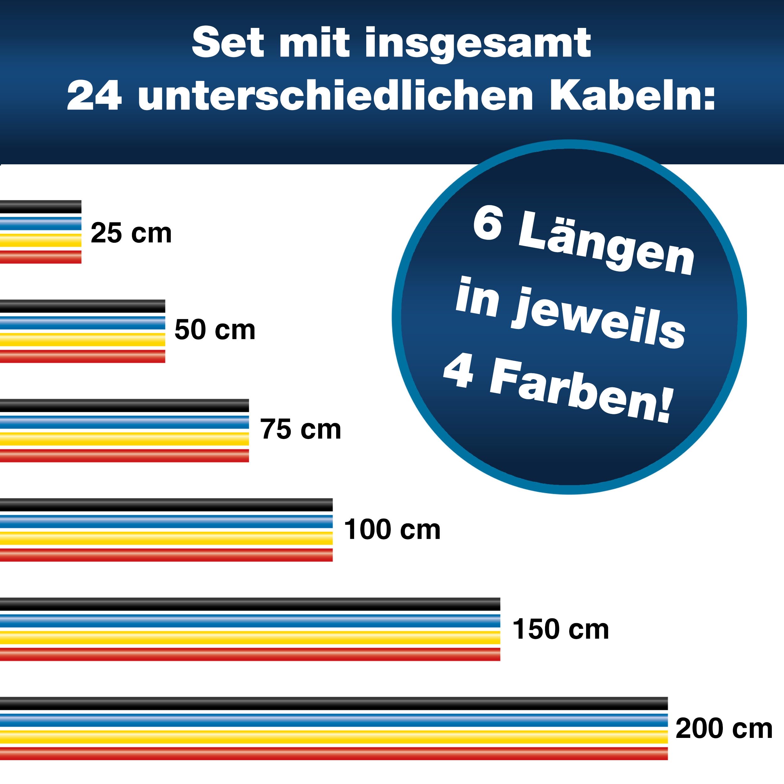 PeakTech P 8202, 24 Stück Messleitungen Set, 25cm - 200cm, Multimeter Test Kabel, Laborleitungen, Messkabel mit 4mm Bananenstecker, stapelbar, in 4 Farben je 25cm, 50cm, 75cm, 100cm, 150cm & 200cm