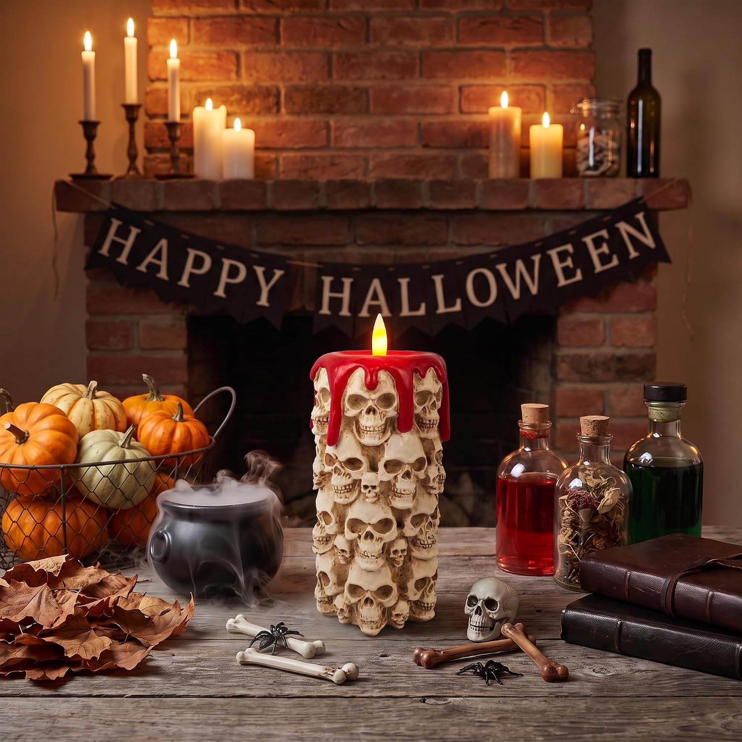 Halloween Flameless Candle White Resin Skull Led Pillar Candle