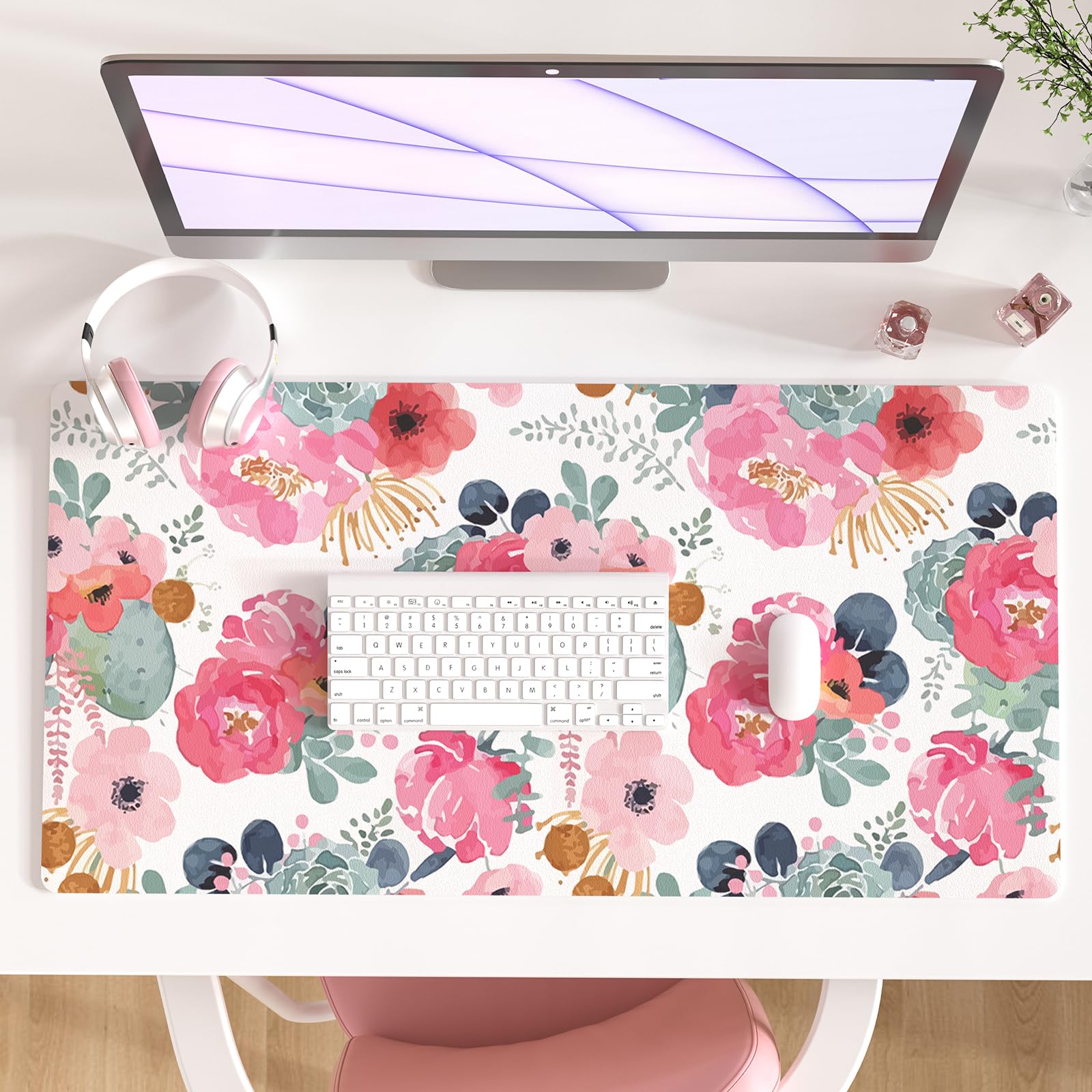 QIYI Large Mouse Pad Pink Floral Desk Mat for Desktop Women Girls PU Leather Waterproof Gaming Mousepad Computer