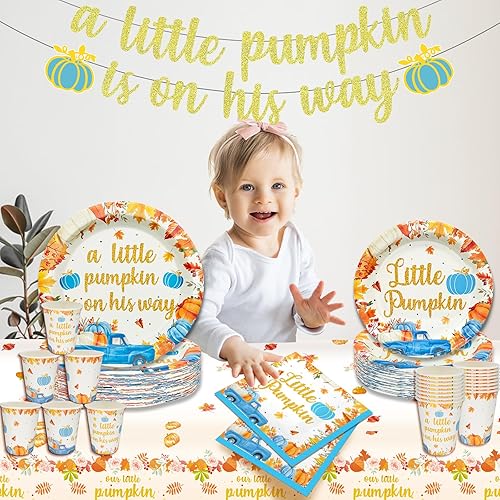 Miniatura 5 de 170 piezas de decoración de fiesta de baby shower con texto en inglés "A Little Pumpkin is On His Way", decoraciones para baby shower, baby shower