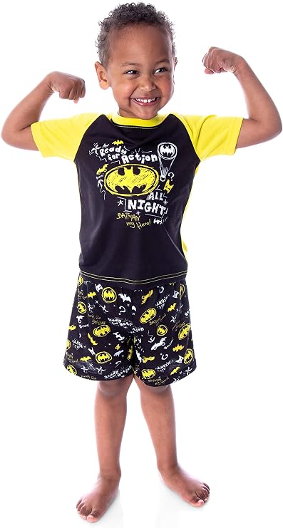 DC Comics Toddler Boys' Batman Pajamas Ready For Action Short Sleeve Shirt and Shorts 2 Piece Superhero Pajama Set