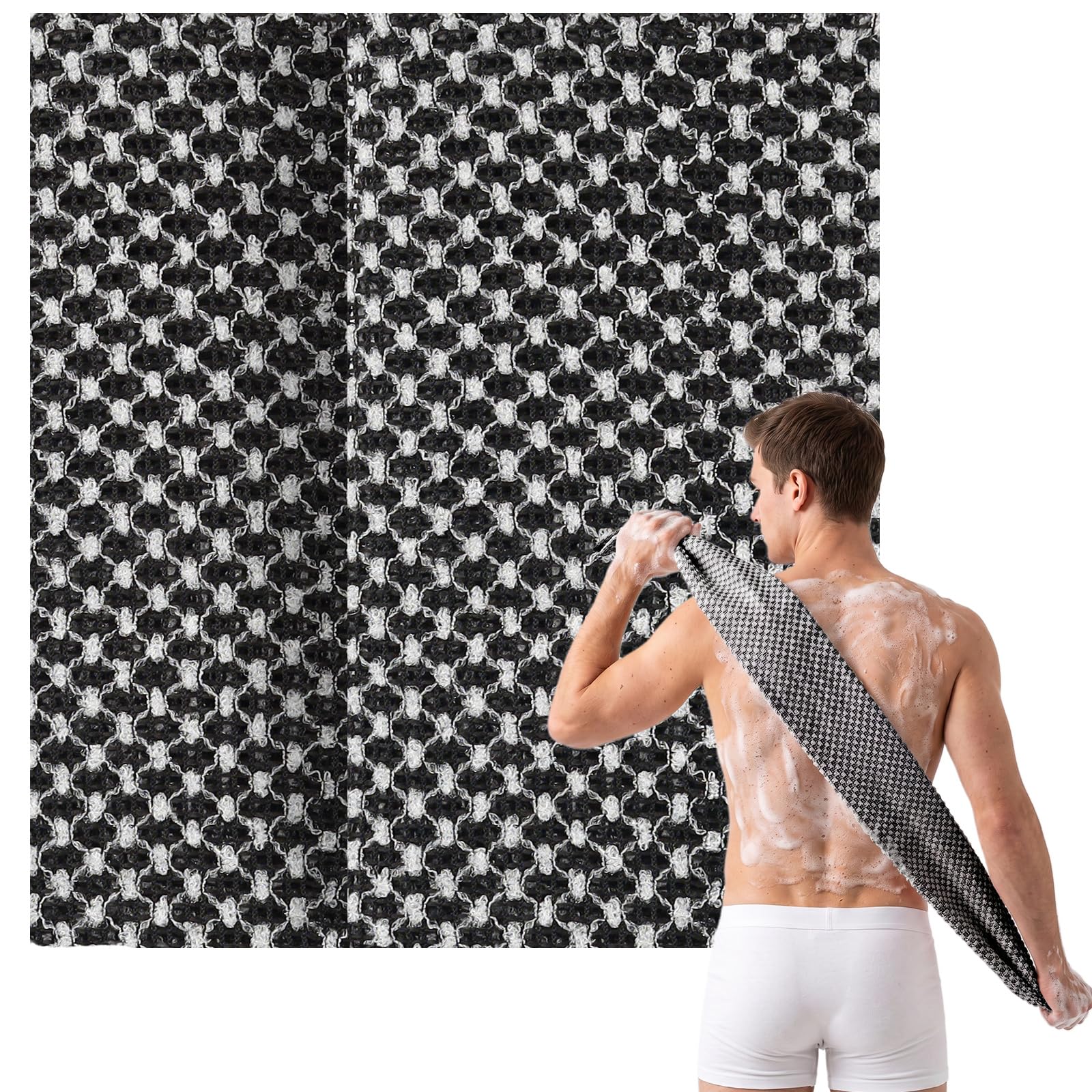 CMANLNYK 2Pcs Japanese Exfoliating Shower Towel - Deep Exfoliating Back Scrub Gentle on Sensitive Skin, 3D Weaving Technique Shower Towel, Effective Exfoliation for Soft & Smooth Skin (Black & Black)
