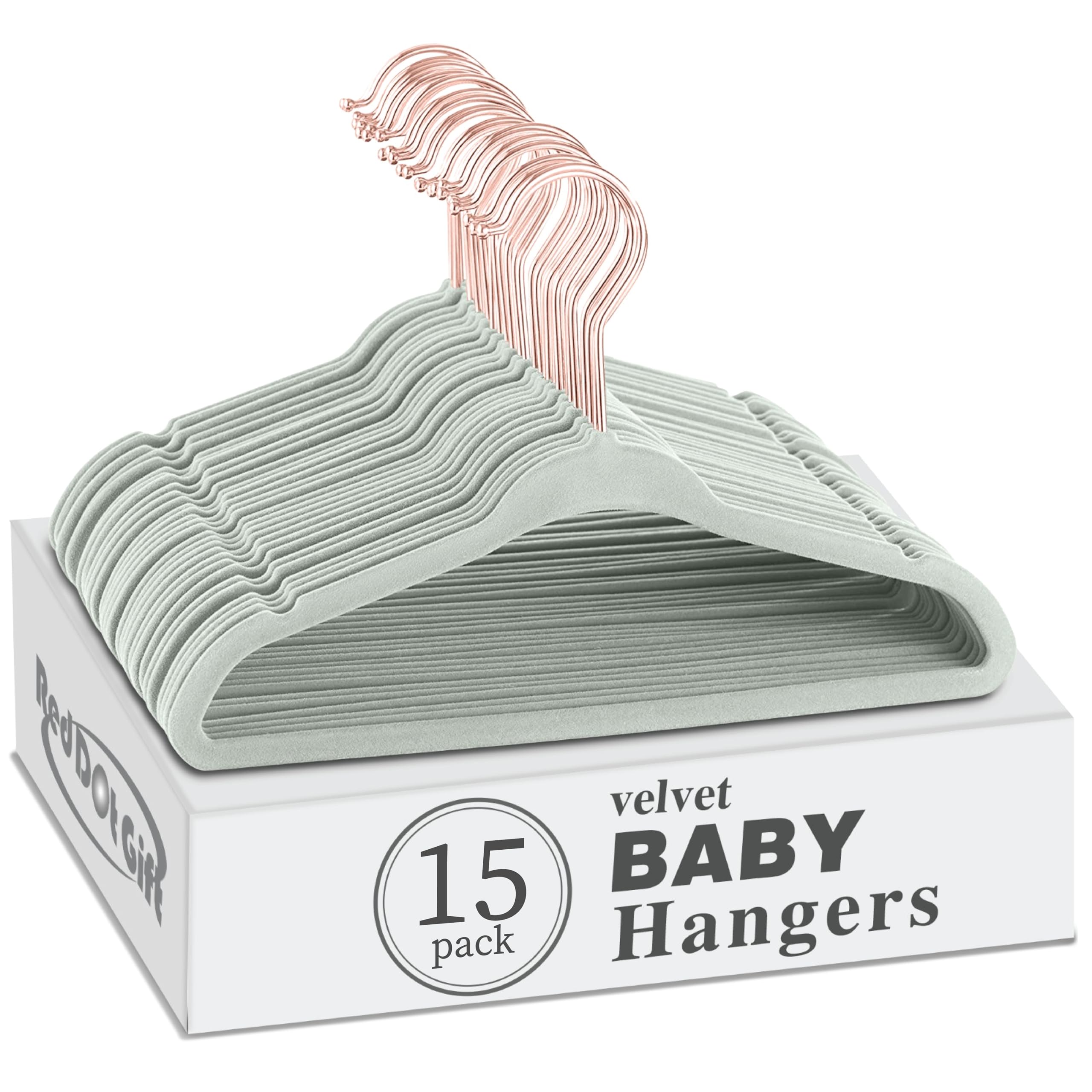 Red Dot GiftRed Dot Gift® 15-Pack Matcha Green Baby Velvet Hangers 11Inch - Nursery Clothes Hangers Non Slip Toddler Hangers, 360 Chrome Rose-Gold Hook (Matcha#)