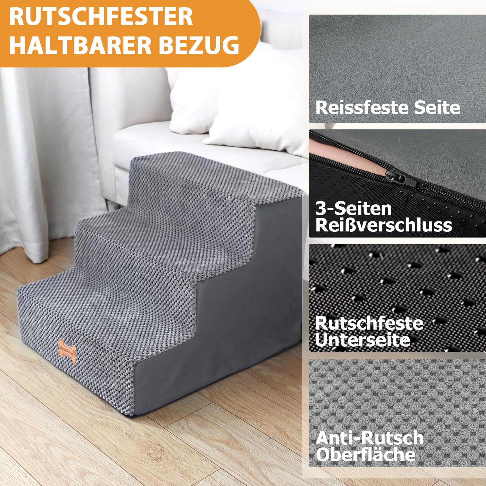 Nepfaivy Hundetreppe für Kleine Hunde 3-Stufig, Hundetreppe Hunderampe für Bett und Sofa aus Hochdichtem Schwamm, Haustiertreppe mit Abnehmbarem, Waschbarem Bezug und Rutschfestem Boden, 45x40x34cm