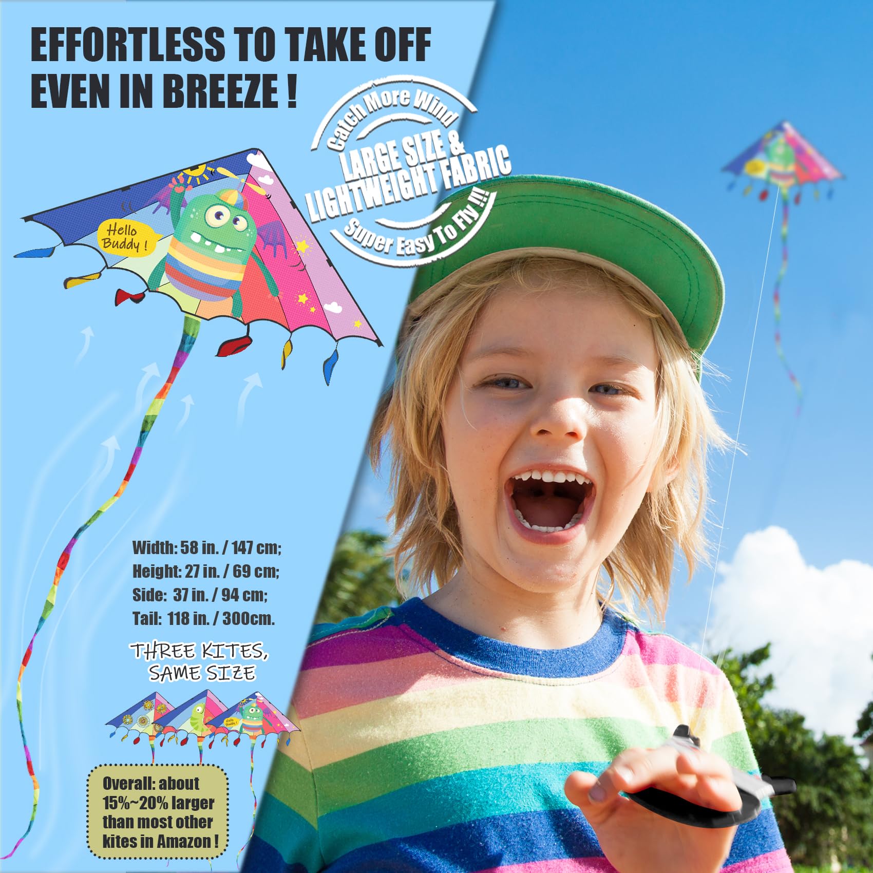 Kites for Kids Ages 4-8 8-12, 3 Pack Large Kites for Adults with Colorful Tail, Easy to Fly, Kids Kite for Beginner Boys Girls with 320 ft String