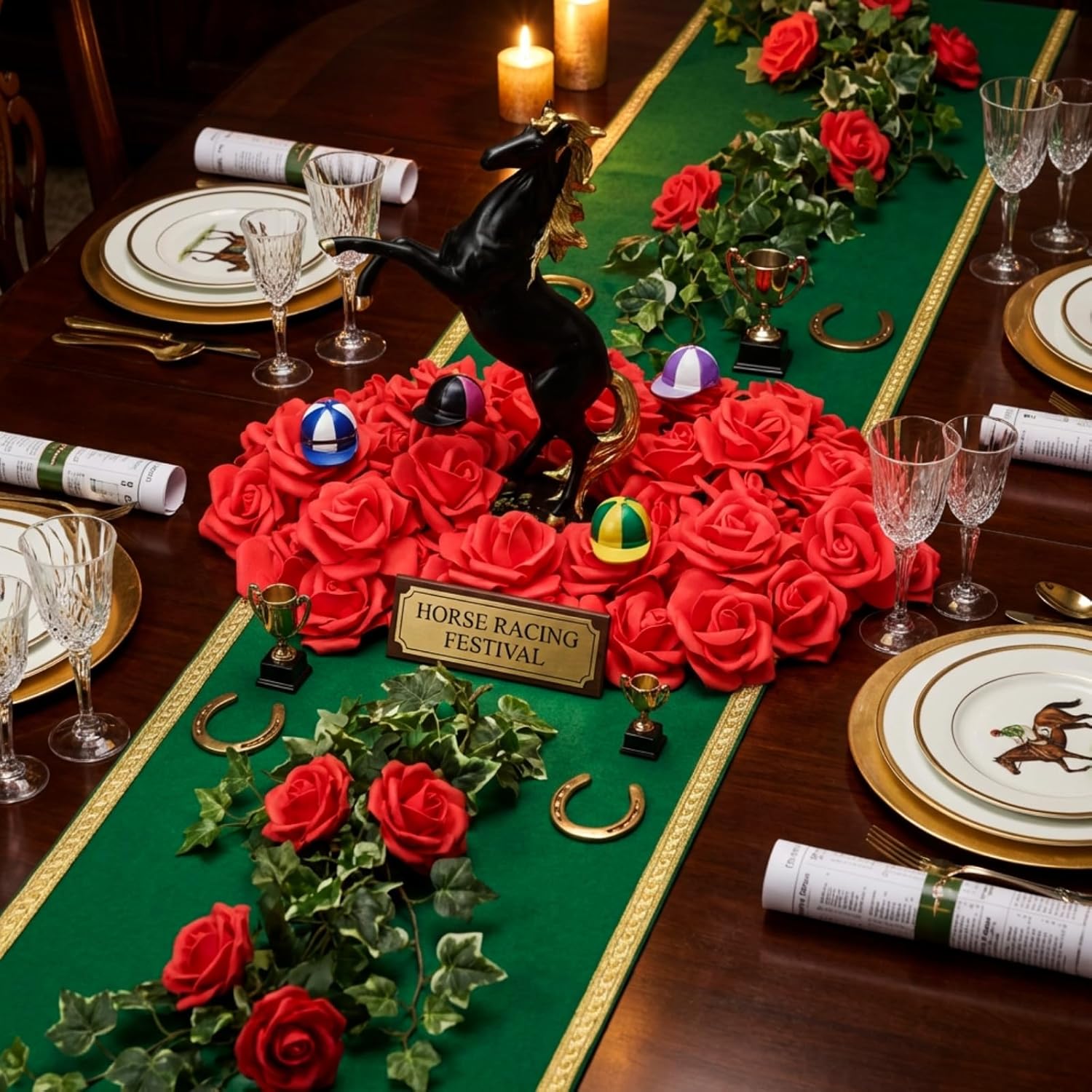 Threehoney Derby Table Decorations 11.6 Inch Horse Racing Table Centerpieces Black Resin Horse Figurines with 20 Red Fake Roses Derby Party Decor for Festival Holiday Supplies Home Office Desk Decor