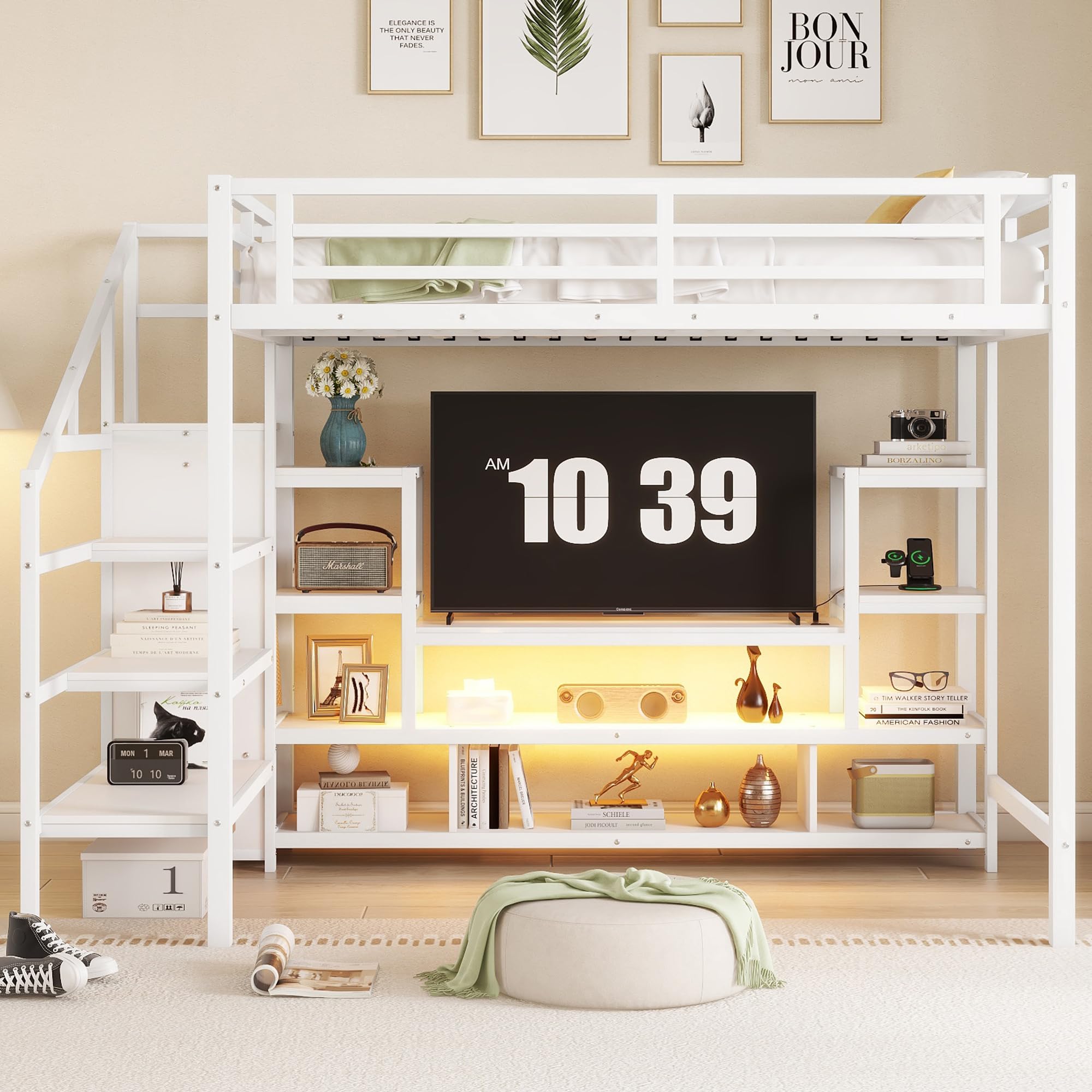 Full Size Loft Bed With Wardrobe & TV Cabinet - White, With Drawers, Shelves, Stairs, For Small Spaces