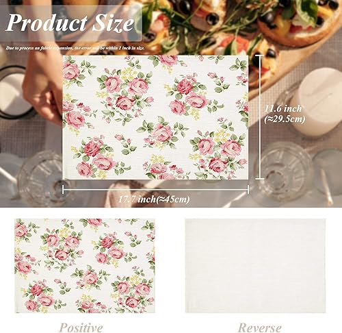 Miniatura 5 de Shrahala Hermosos manteles individuales de flores de rosa, hermosa alfombra de mesa de lino lavable con aislamiento térmico de doble cubierta para