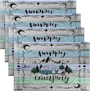 Set of 4 Happy Camping Table Mats 12x18 Inch,Blue Grey Green Wooden Placemats,Camper Rural Nature Place Mats,RV Vehicles Farmhouse Theme Waterproof Placemats,Heat Resisting