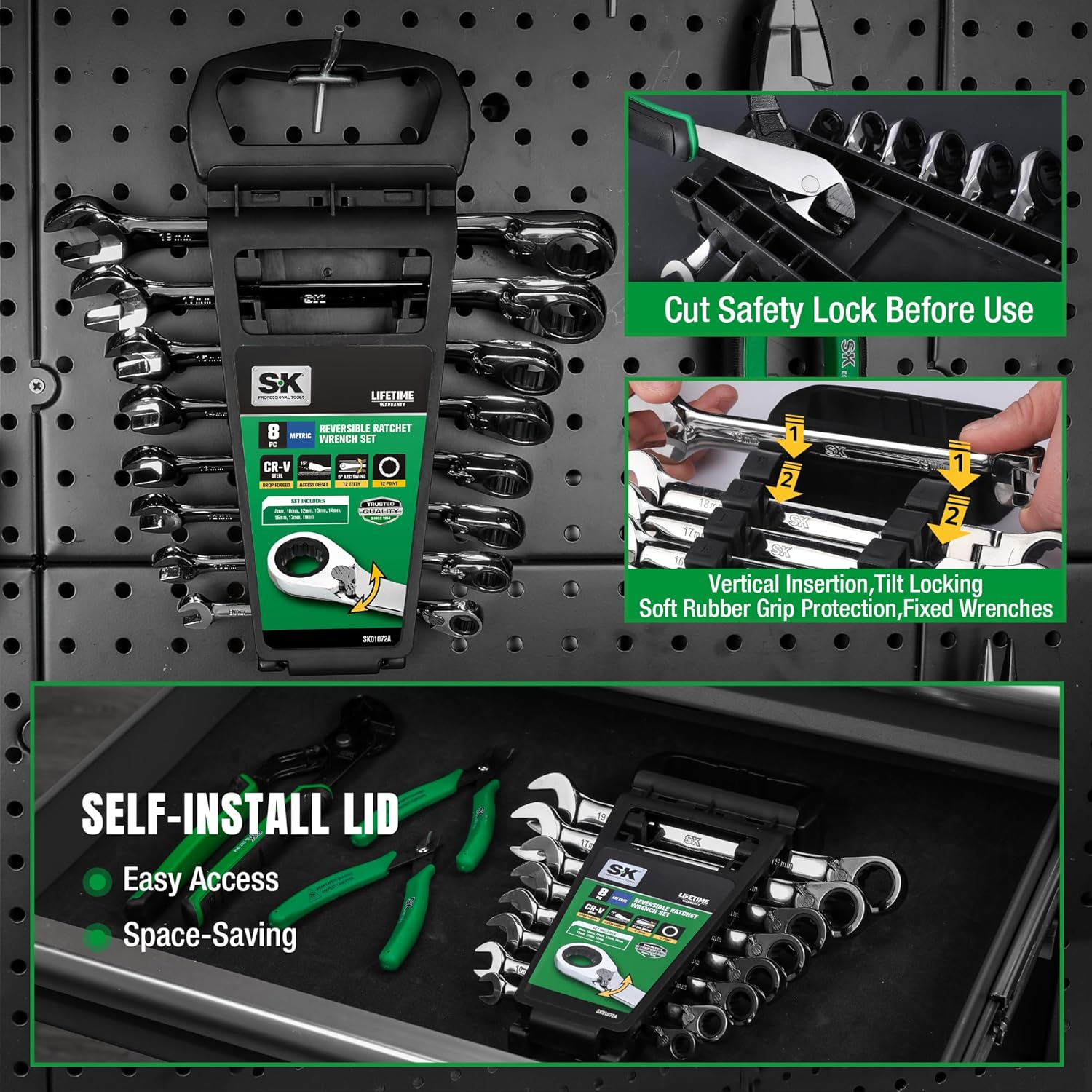 SK Reversible Ratcheting Wrench Set, Combination Wrench Set, 8-Piece, Metric, 72-Tooth, Premium CR-V Construction, with Rack Organizer