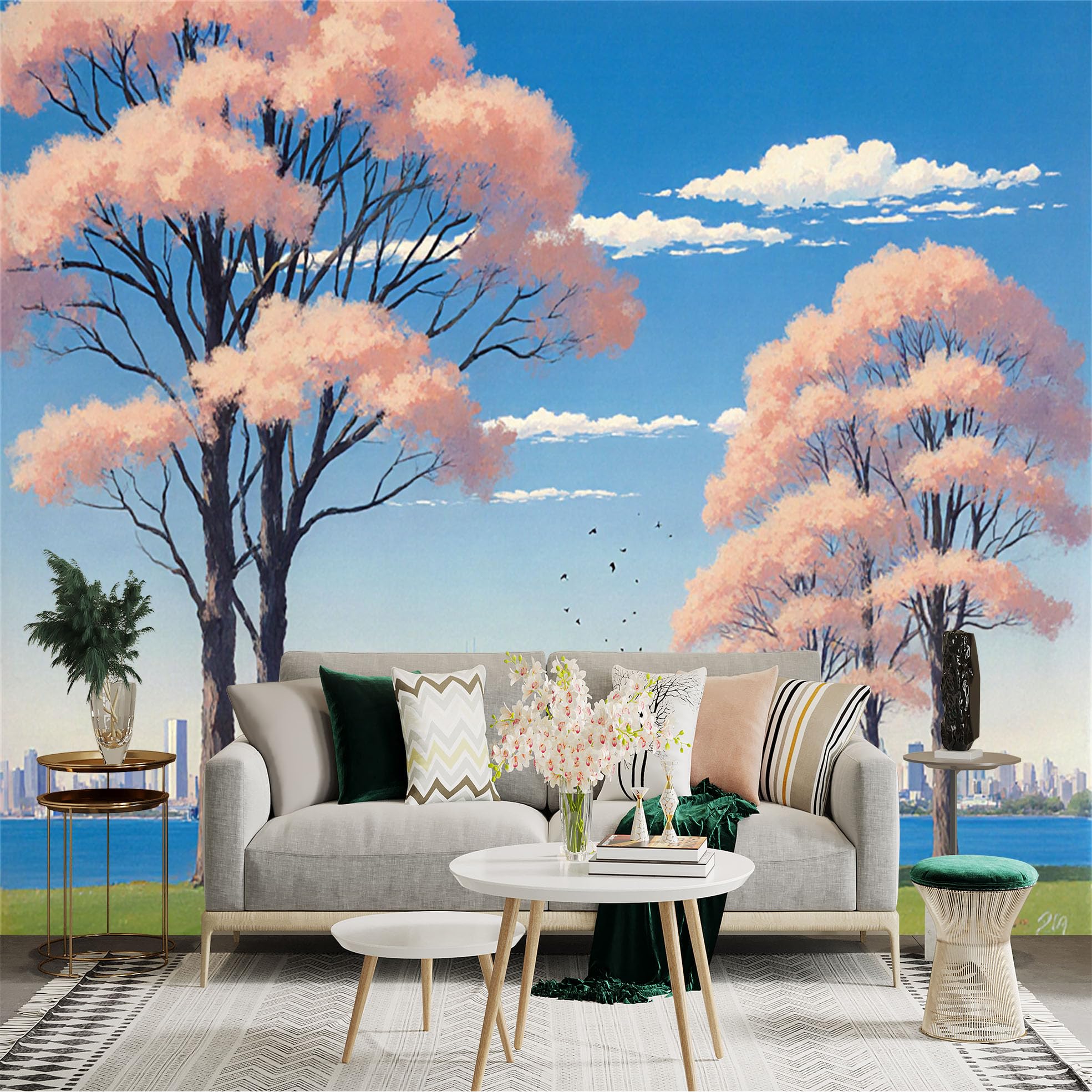 Lnzczhyre Xc260505941 Custom Size Wall Sticker Mural， Pink Cherry Blossom Trees， Urban City Skyline View， Scenic Lakeside Promenade， Clear Blue Sky Scenery， For Wall Decoration， Peelandstick Wall Decals.
