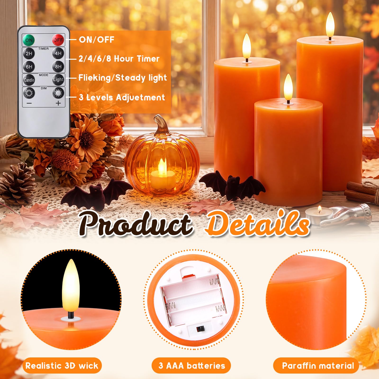 Retisee Set di 3 candele senza fiamma arancioni a LED in vera cera, con telecomando e timer, funzionamento a batteria, candele finte per il giorno del Ringraziamento, decorazione per la casa autunnale