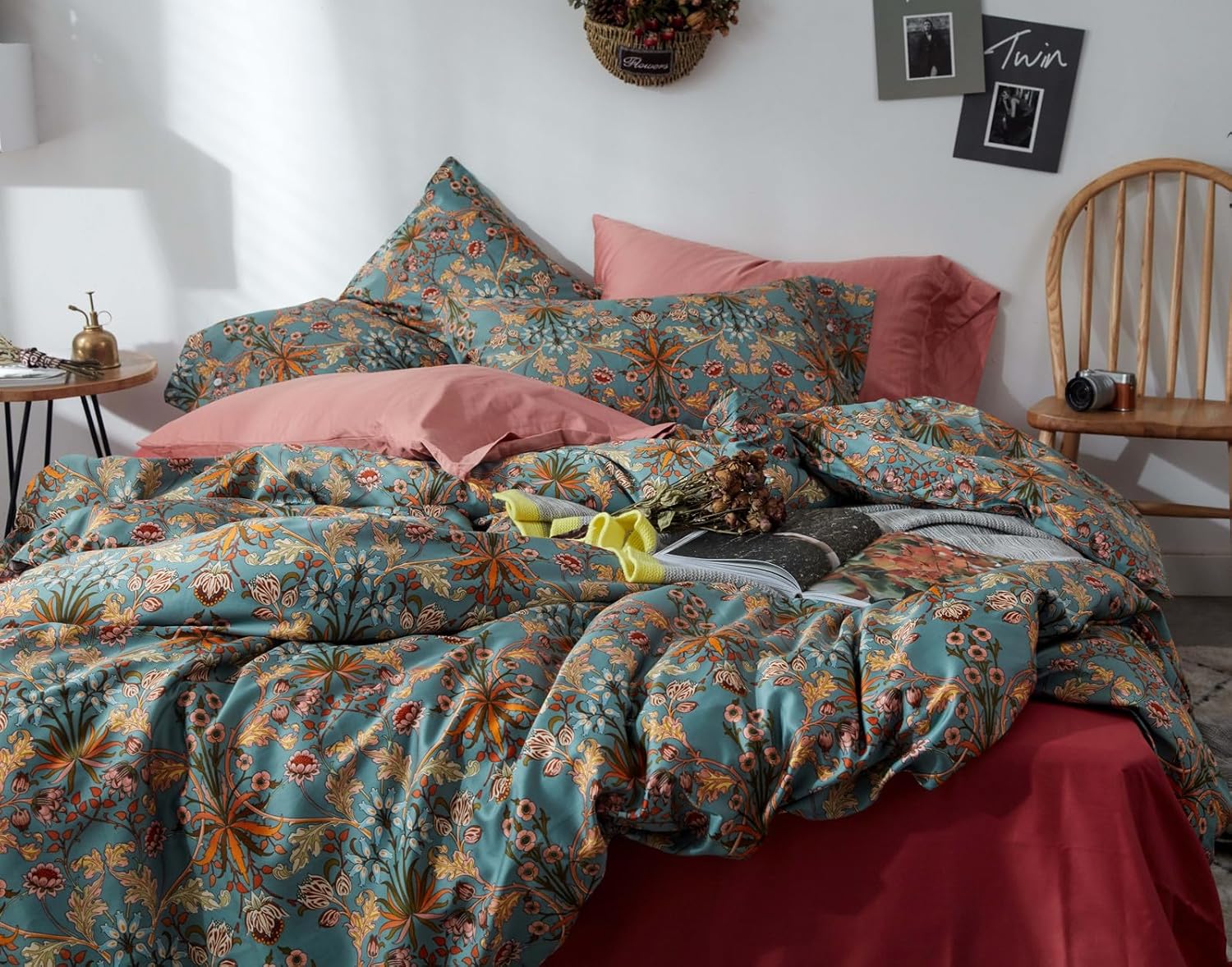 VM VOUGEMARKET Green Flower Duvet Cover Set Twin,Aesthetic Boho Bedding Set Percale Cotton Royal Floral Comforter Cover with Zipper Closure Twin(68" x 86") #Carol