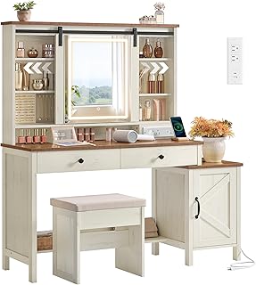 VASAGLE LIRY Collection - Vanity Desk with Mirror and Lights, Farmhouse ...