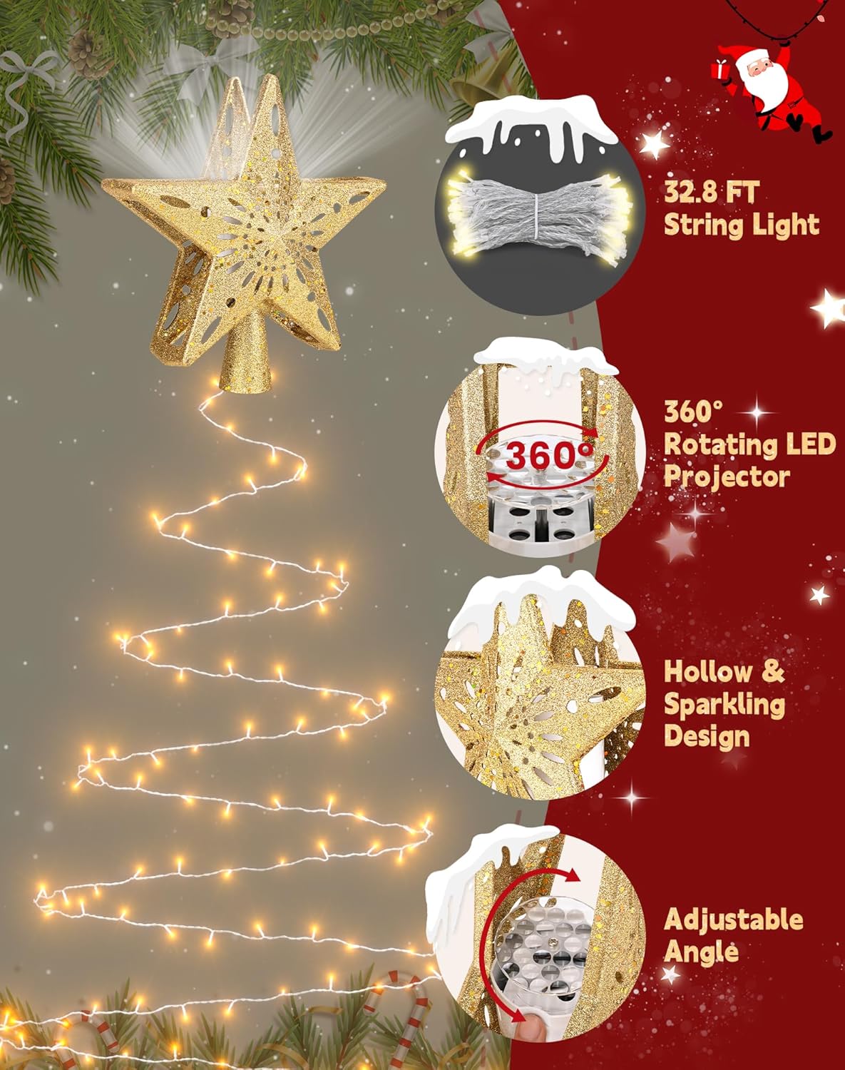 Christmas Tree Topper with 32.8FT Warm Light Cord and 6 Projection Modes, Christmas Star Tree Topper Built-in LED Rotating Projector Lights, 3D Glitter Christmas Tree Decorations (Gold)