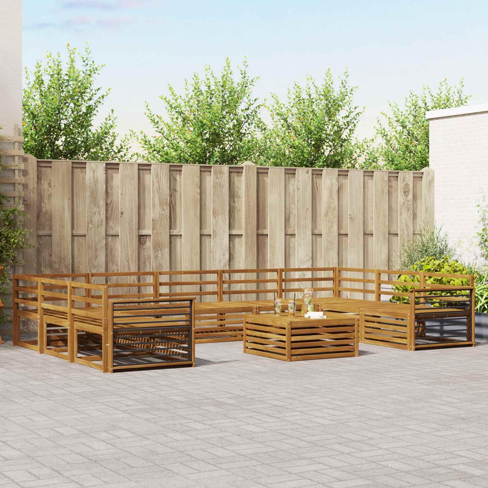 Juegos de sofás 10 pcs Madera de Acacia sólida Natural para terraza jardín Sala Comedor con diseño Modular Resistente y cómodo para reuniones al Aire Libre