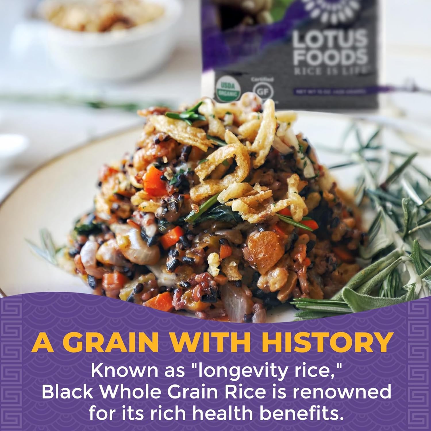Lotus Foods Bulk Organic Forbidden Rice - Black Rice Organic, Purple Rice, Black Rice Bulk, Gluten Free Heirloom Rice, Whole Grain, Non GMO, Vegan - 15 Oz Bags (Pack of 6)