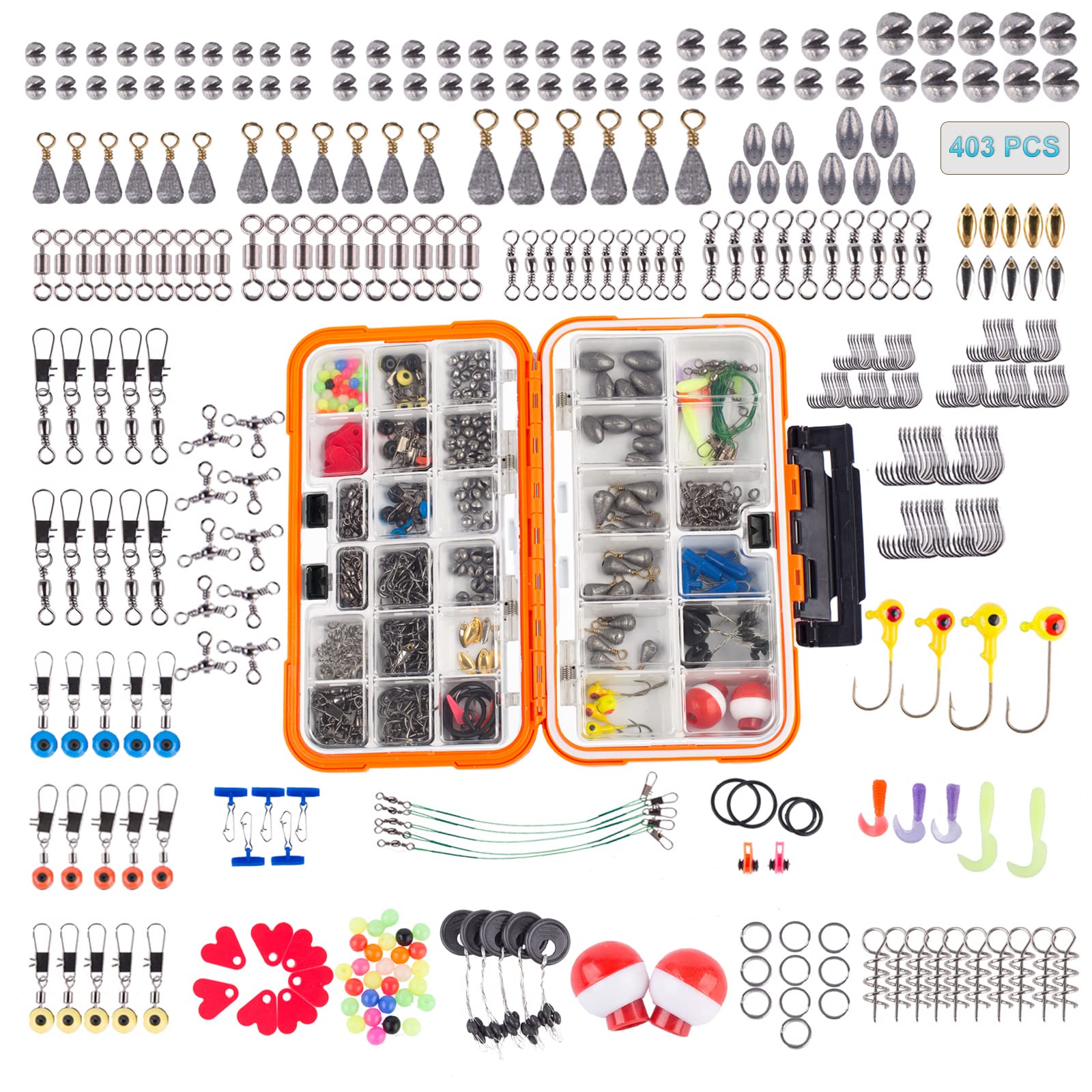 HERCULESFishing Accessories Kit 390pcs, Fishing Tackle Box with Tackle Included - Fishing Weights Sinkers,Hooks,Swivels Snap,Saltwater and Freshwater Tacklebox for Angler and Lures, Orange