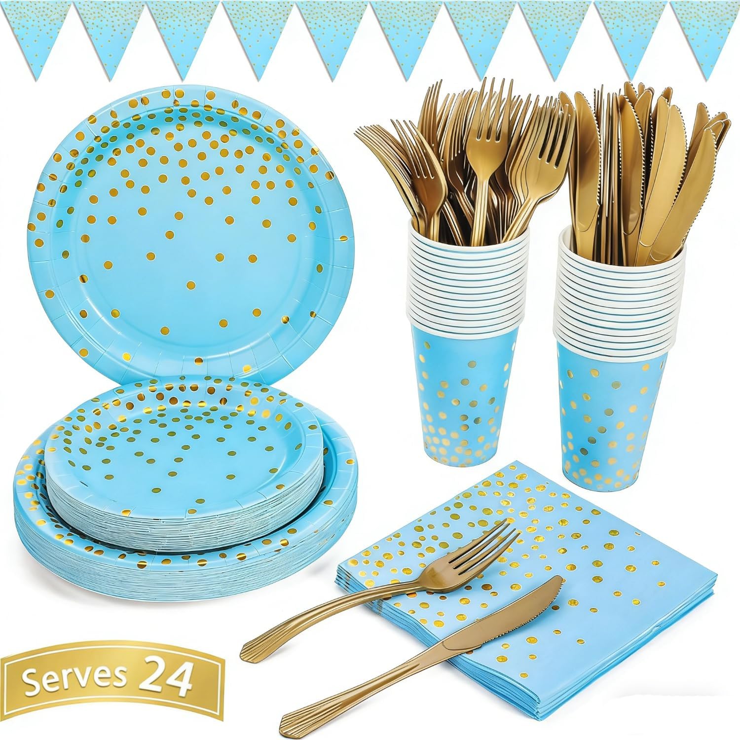 150 PCS Blue and Gold Paper Plates Napkins Forks Party Supplies Serves 50, Golden Dot Disposable Paper Dinnerware 9" Plates for Birthday, Baby Shower, Boy Birthday