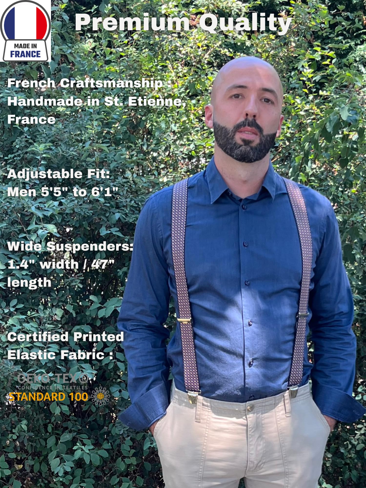 Tirantes para hombre anchos en Y Made in France – Correa de fantasía – Espalda 100% piel – Tejido resistente elástico – 3,5 cm x 120 cm – Pinzas fuertes para sujetar los pantalones