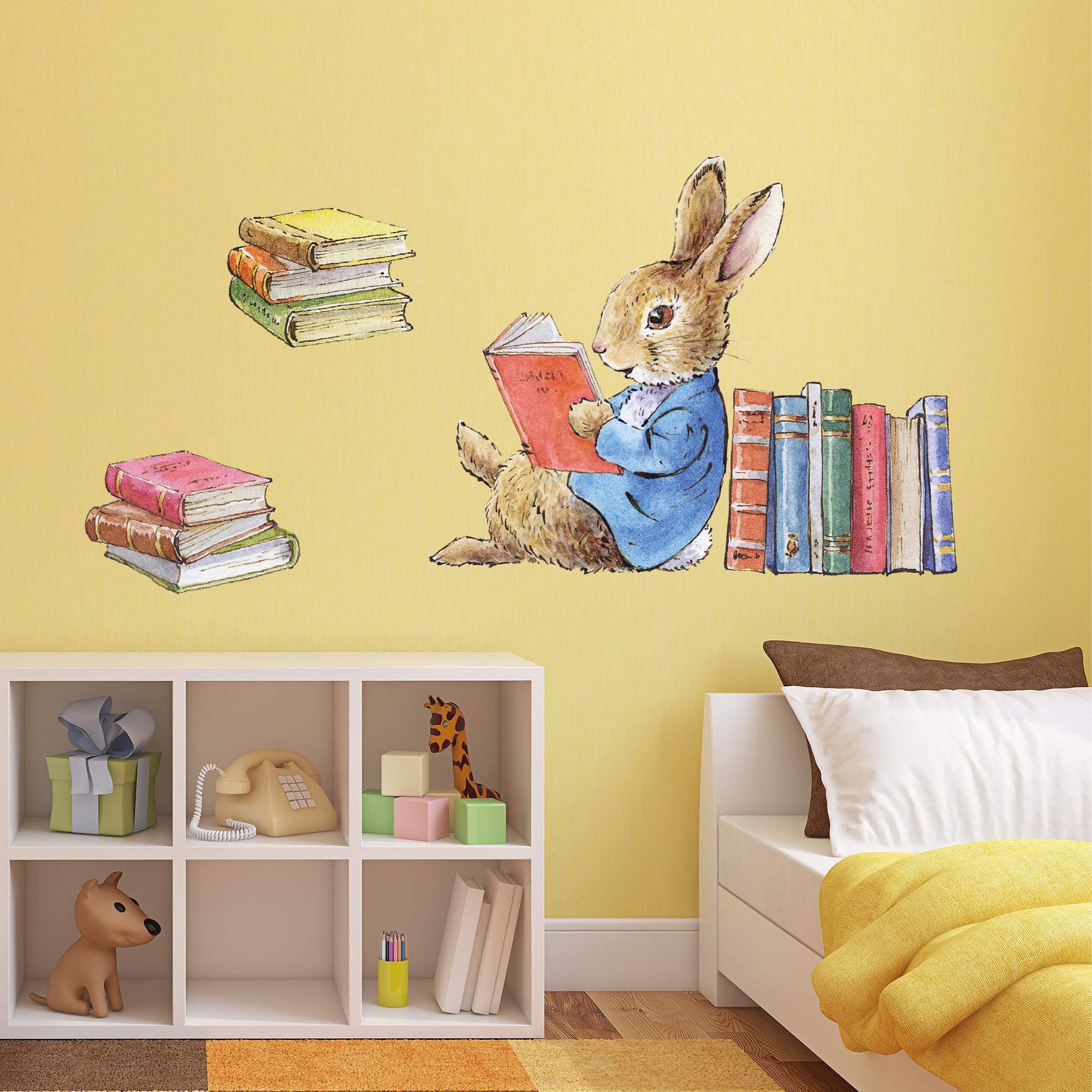 Peter Rabbit Wall Sticker - Peter Rabbit Leaning on Books Decal Wall Art (60cm Width x 50cm Height)