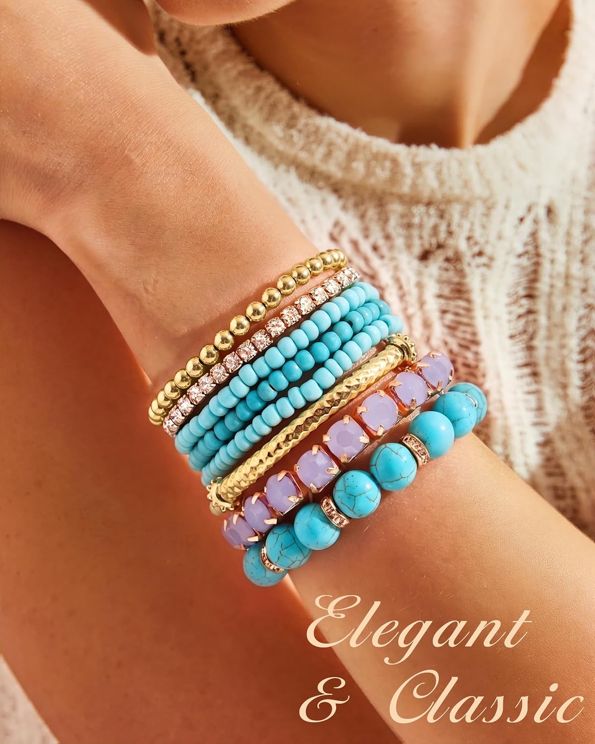 MILACOLATO 4 Sets Boho Bracelets for Women Multi-Color Layered Stackable Natural Beaded Bracelets Adjustable Stretch Bohemian Bracelets