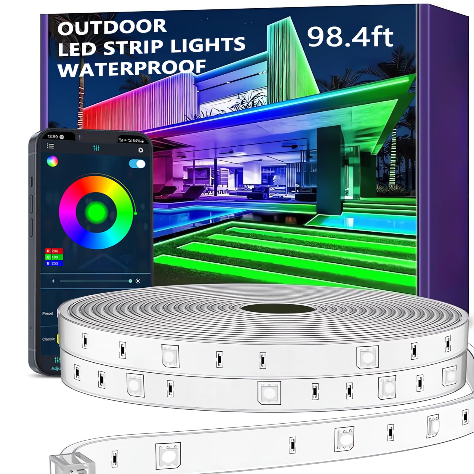 Outdoor LED Strip, Smart IP67, Music Sync, App Control, Wall Mount, RGB, Waterproof, for Balcony, Garden, Bedroom, Christmas, Halloween（30 meter）