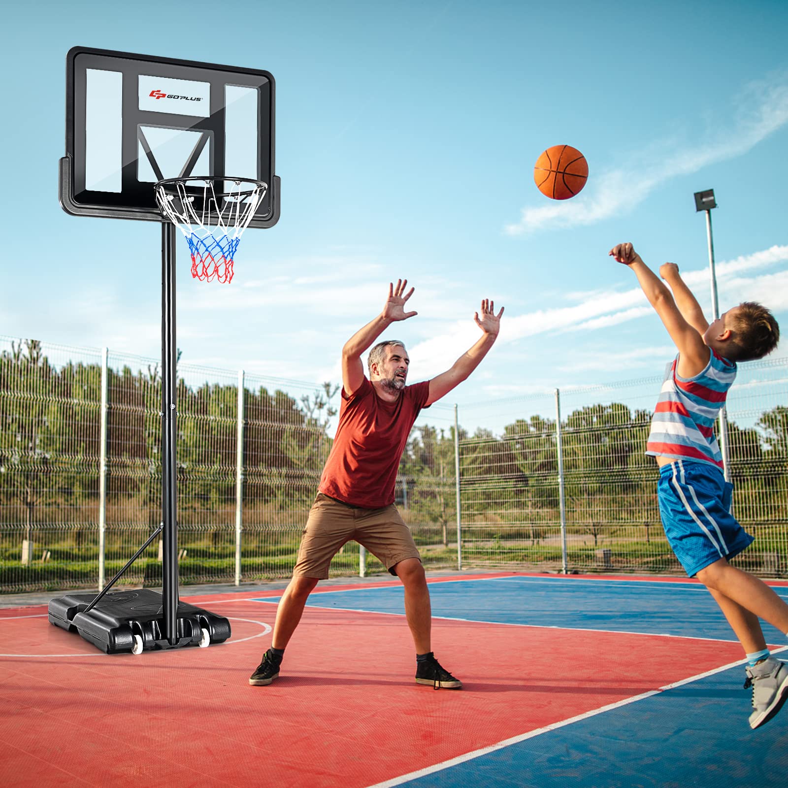 GOPLUS Basketballständer, Basketballanlage höhenverstellbar 130-305cm, Korbanlage Standfuß mit Wasser oder Sand, Basketballkorb mit Ständer für Jugendliche, Erwachsene
