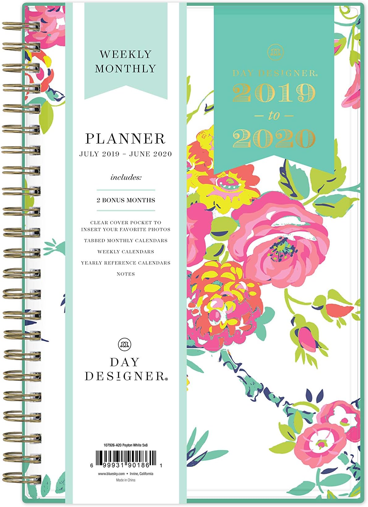 Day Designer for Blue Sky 2019-2020 Academic Year Weekly & Monthly Planner, Flexible Cover, Twin-Wire Binding, 5" x 8", Peyton White