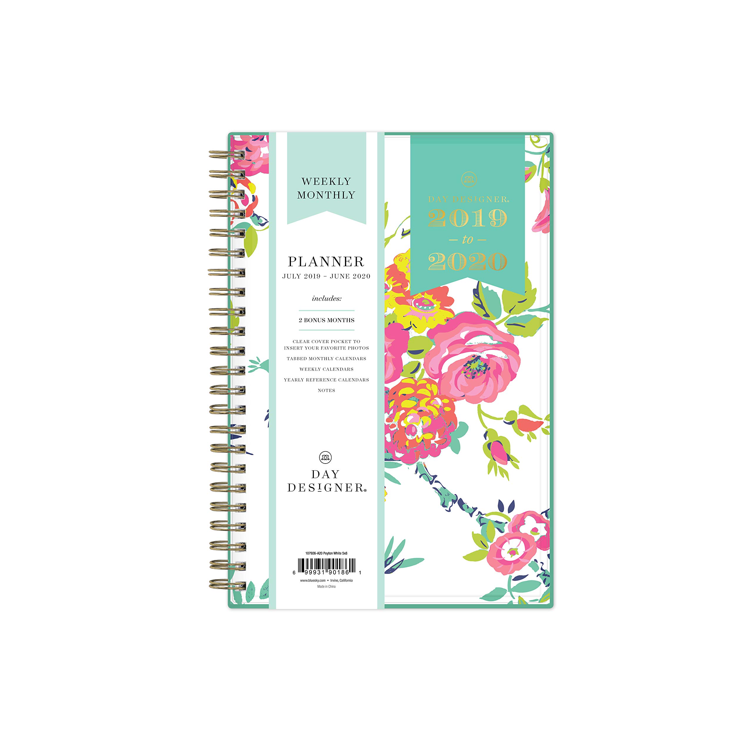 Day Designer for Blue Sky 2019-2020 Academic Year Weekly & Monthly Planner, Flexible Cover, Twin-Wire Binding, 5" x 8", Peyton White
