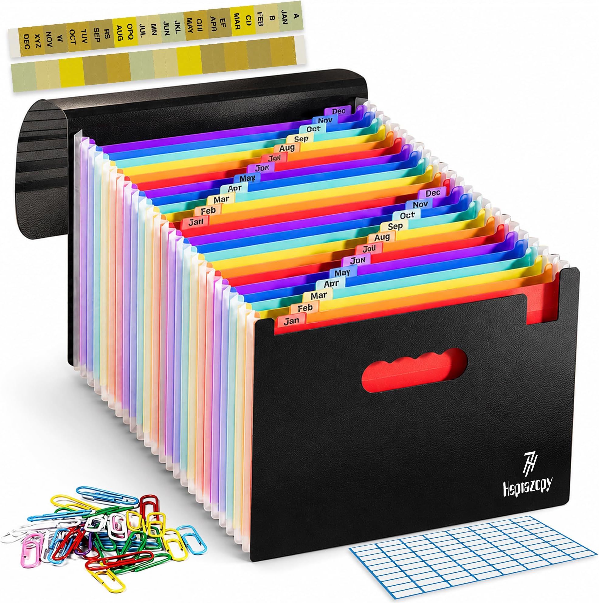 โ Heptazopy File Organiser, 26 Folders for Paperwork A4, 34 x 25 x 4 cm Document Organiser Quality PP, Flap & Elastic Cord Closure Comes with Labels, Tags & Sticker Card