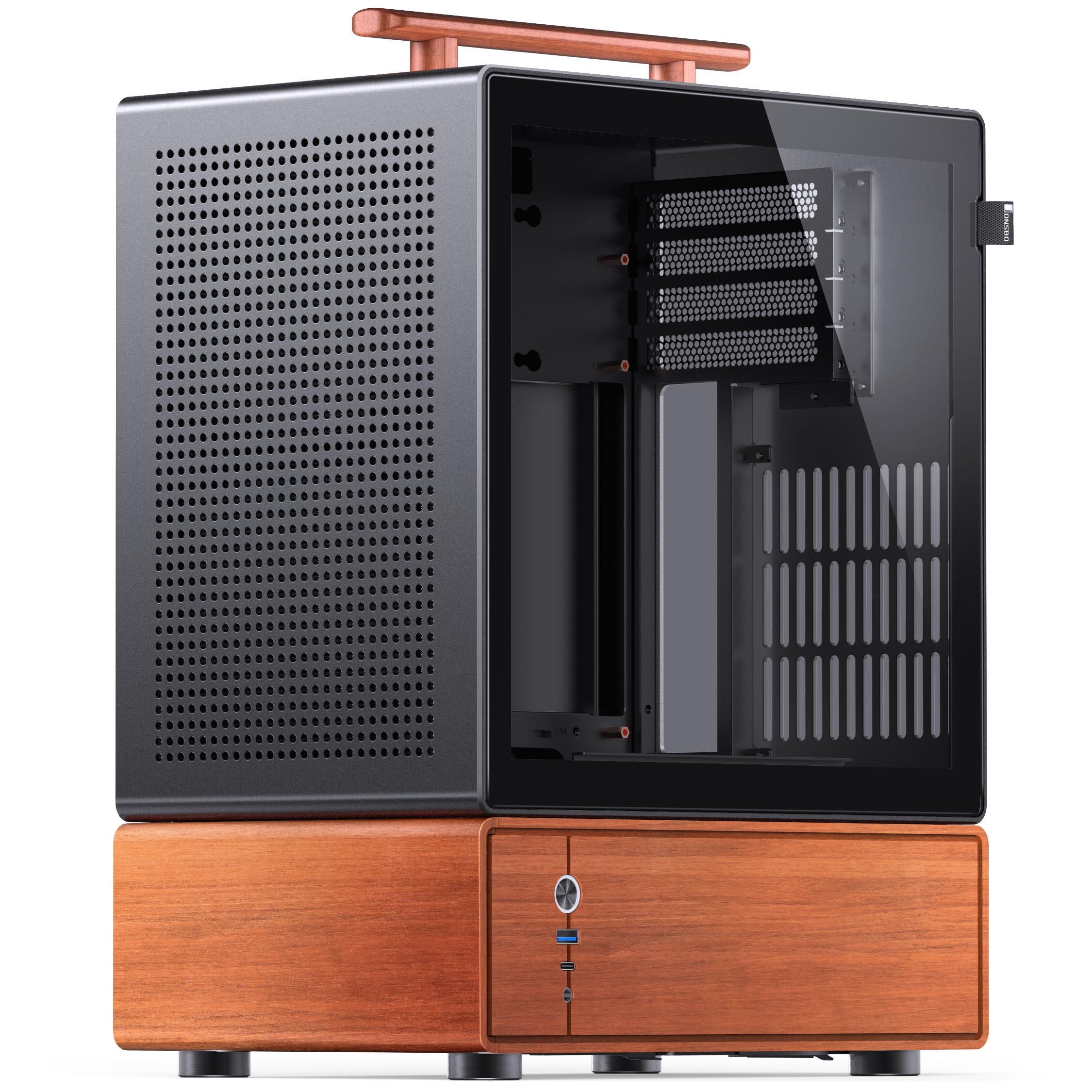 Jonsbo T7 Micro-ATX PC-Gehäuse – Schwarz | mATX Case mit Aluminium & Holzgriff, Tempered Glass, Zwei-Kammer-Design, USB-C