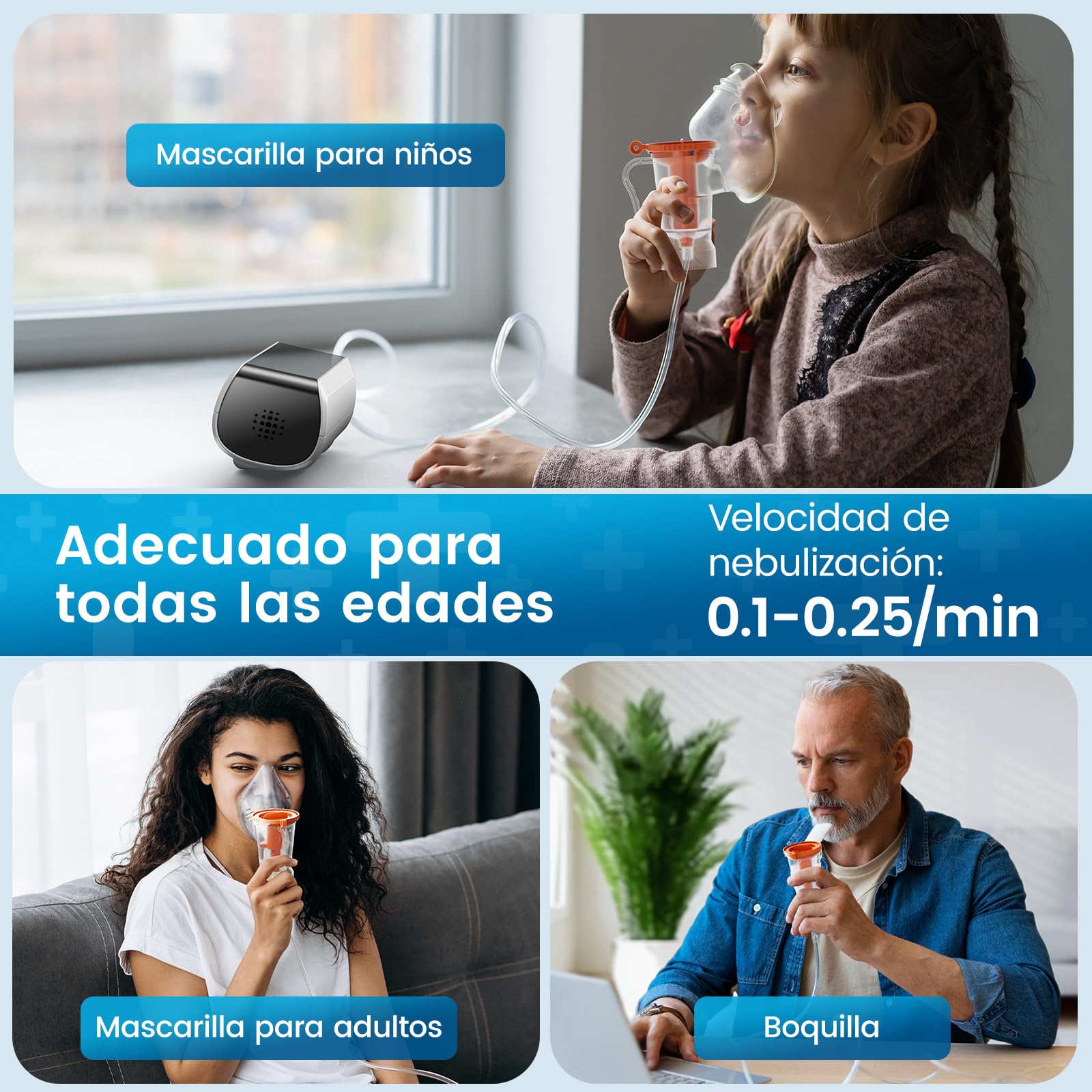 Nebulizador Bebe para Adultos y Niños, LED Inteligente con Temporizador Inhalador Compresión Ajustable Atomización Silencioso Compacto para Tos, Resfriado, Asma