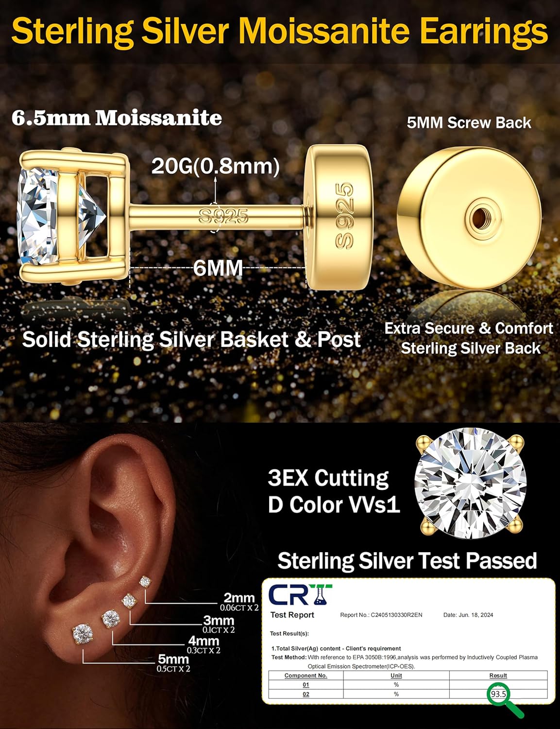 Moissanite Earrings for Men Women：Hypoallergenic Flat Back Earrings 925 Sterling Silver Stud Earring Small D Color VVS1 Moissanite 14K White Gold Plated Helix Cartilage Earring Studs Gift Jewelry