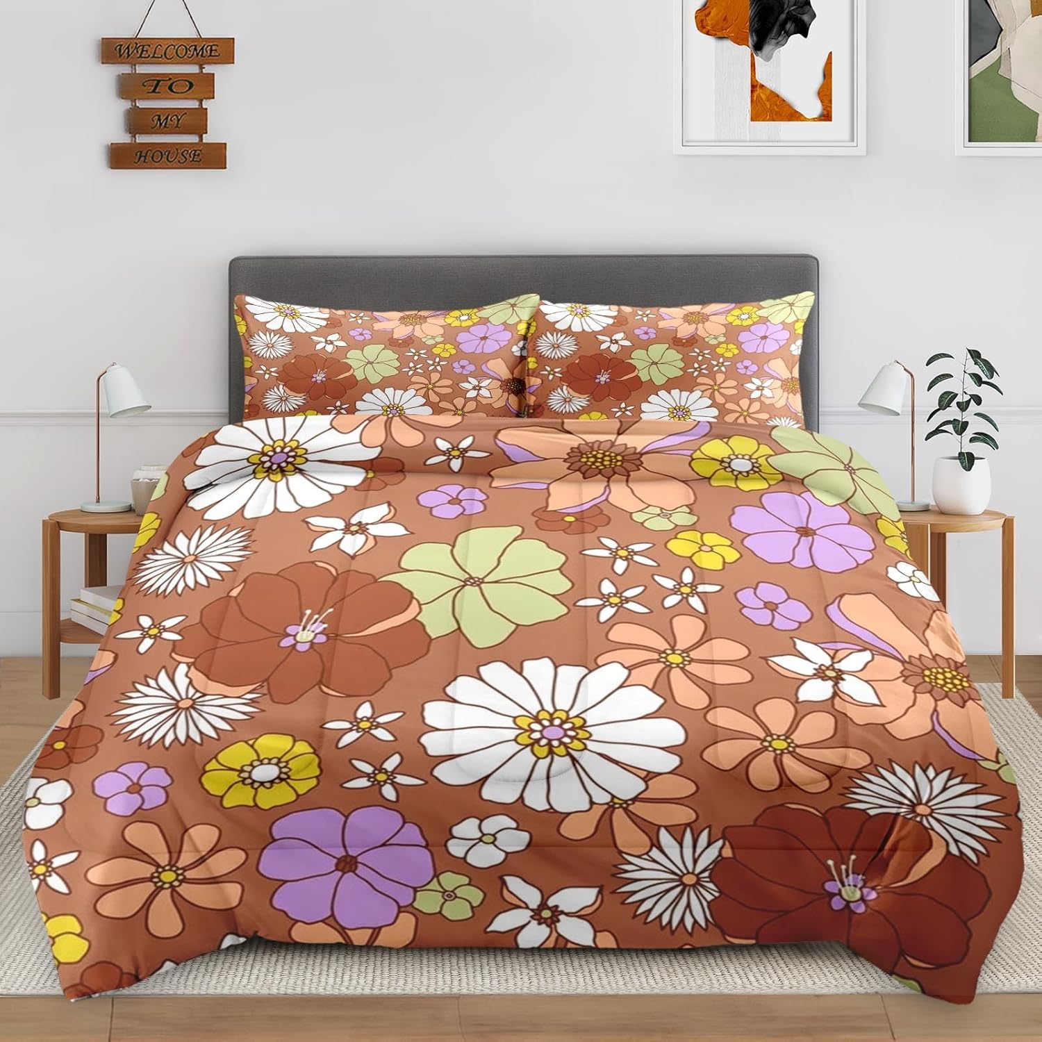 Cuzutime King Size Comforter Set with 2 Pillowcases, Floral