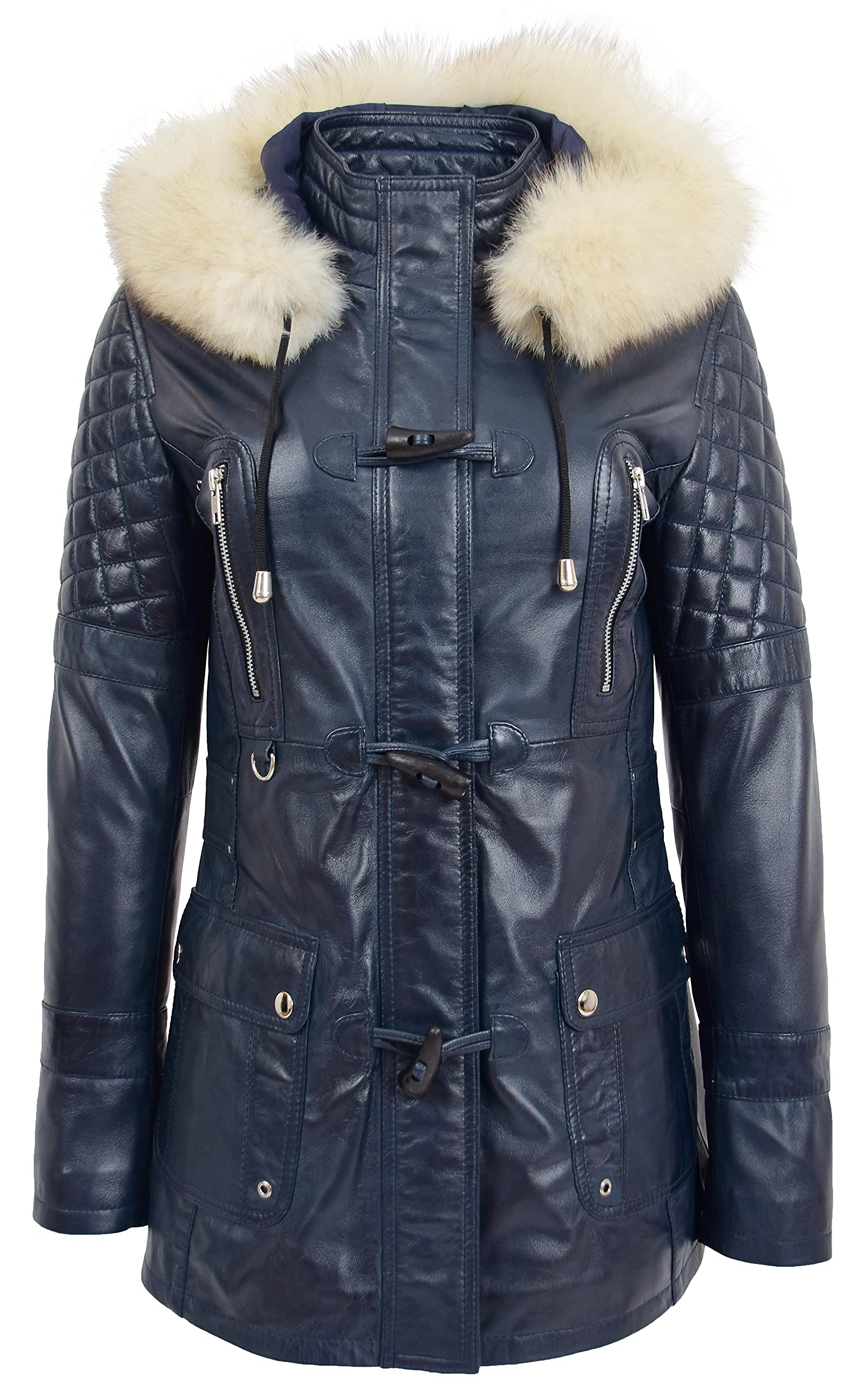 House Of Leather Women's Navy Blue Real Leather Duffle Coat Detachable Hoodie Parka Ariel (12, )