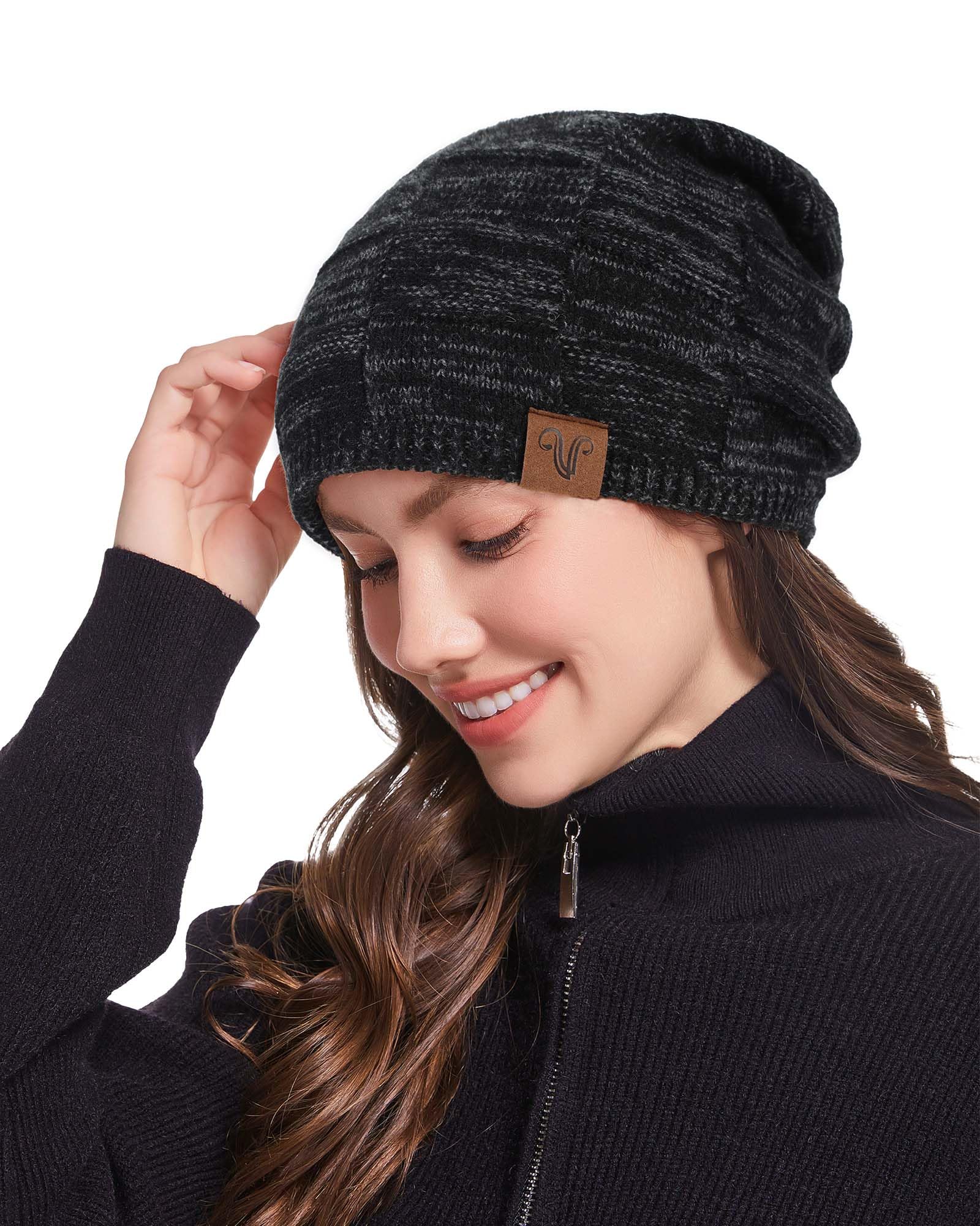 Gorro de invierno de lana con forro de satén para mujeres y hombres, gorro holgado con forro de seda, gorro de punto cálido unisex
