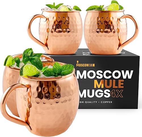 Juego de 4 Tazas de Cobre para cóctel Moscow Mule Tazas Hechas a Mano de Cobre Macizo para cóctel Moscow Mule 16onzasVaso de chupito incluido