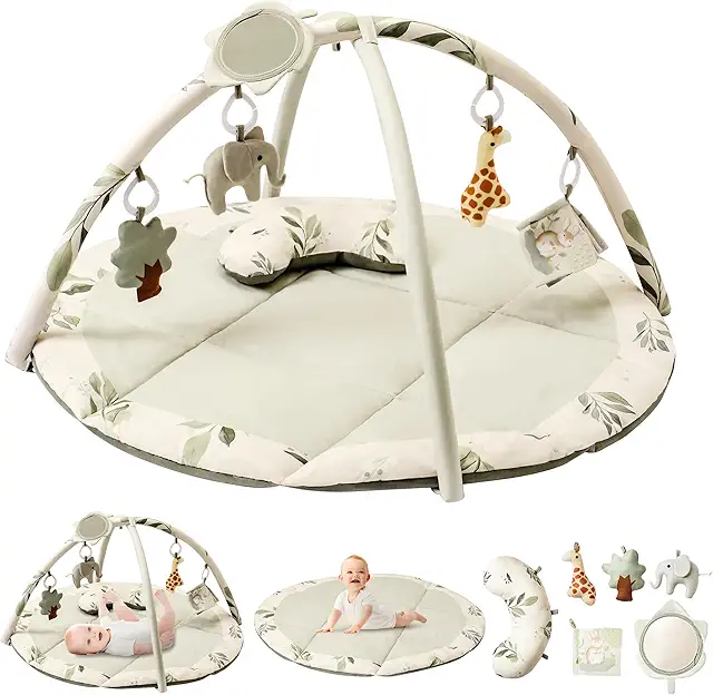Tapis d'éveil bébé naturel avec arche amovible et 5 jouets - 0-12 mois