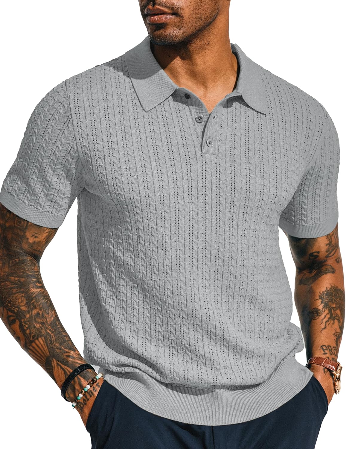 PJ PAUL JONES Mens Knit Polo Shirt Short Sleeve Hollow Out Knit Shirt Texture Knitted Polo