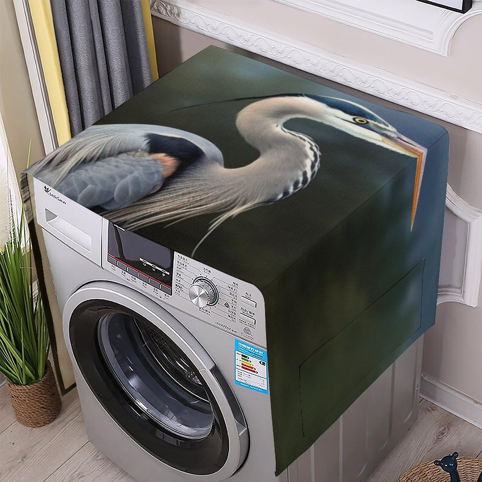 Fodpand White Washing Machine Cover For Top Load Dustproof Heron Washer And Dryer Cover With Storage Pockets Household Appliance Covers Washable Top Protector Mat Pad For Laundry & Kitchen