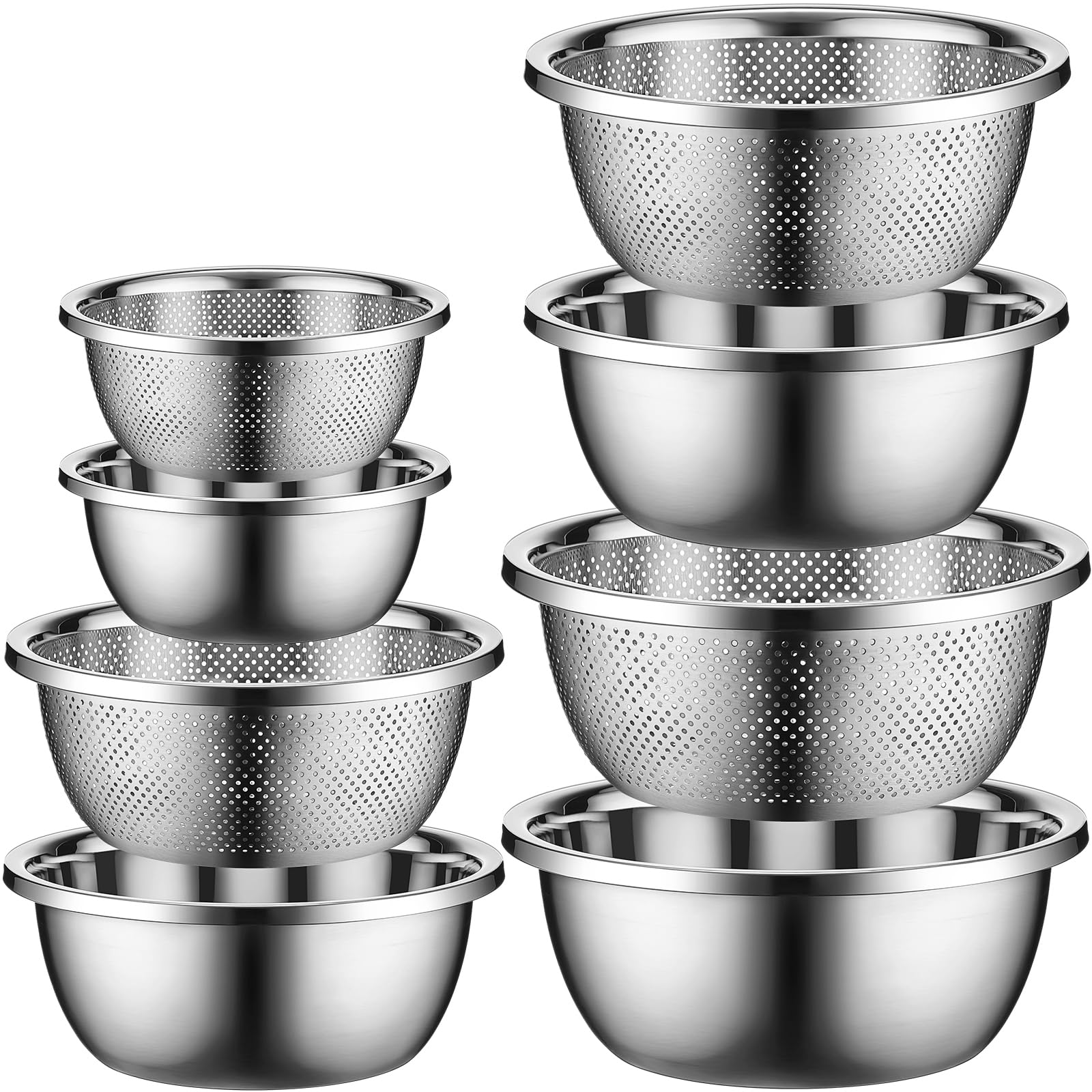 Uiifan Juego de 8 cuencos para mezclar de acero inoxidable con colador de acero inoxidable para lavar arroz, juego de cuencos de anidación con colador para almacenamiento de drenaje de lavado, 1.8,