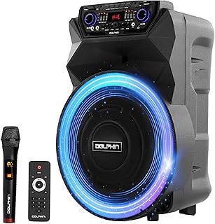 Dolphin BoxParty 18-Inch Rechargeable Bluetooth Party Speaker – Deep Bass, High Power Sound, Wireless Microphones, USB/SD, AUX & Guitar Inputs, Extended Battery Life, 12V Input