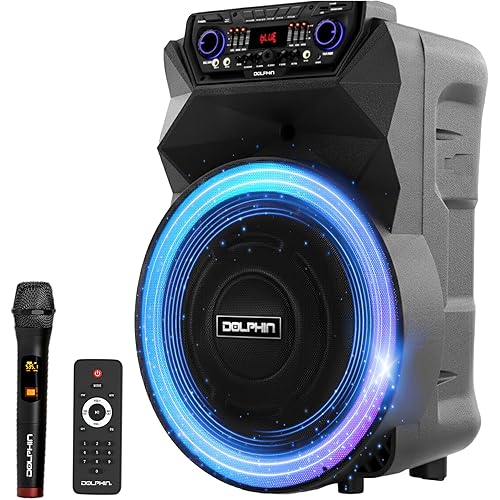 Dolphin BoxParty 18-Inch Rechargeable Bluetooth Party Speaker – Deep Bass, High Power Sound, Wireless Microphones, USB/SD, AUX & Guitar Inputs, Extended Battery Life, 12V Input