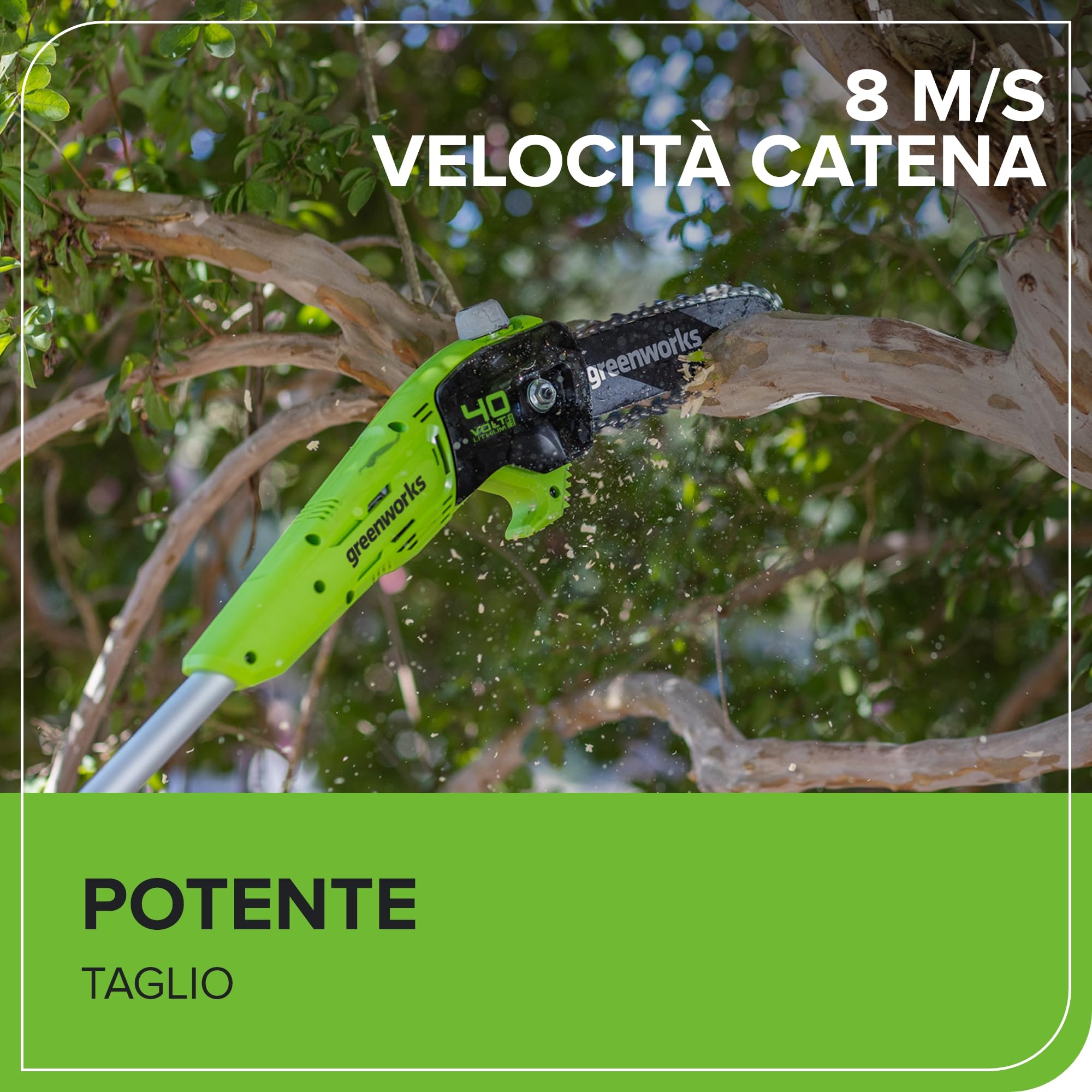 Greenworks G40PSFK2 Sega ad Asta a Batteria, Lunghezza Barra 8 Pollice (20cm), Velocità Catena 8m/s, 3,64kg, Auto-Lubrificante, Asta 2.58m, Batteria 40V 2Ah e Caricabatterie, Garanzia 3 Anni