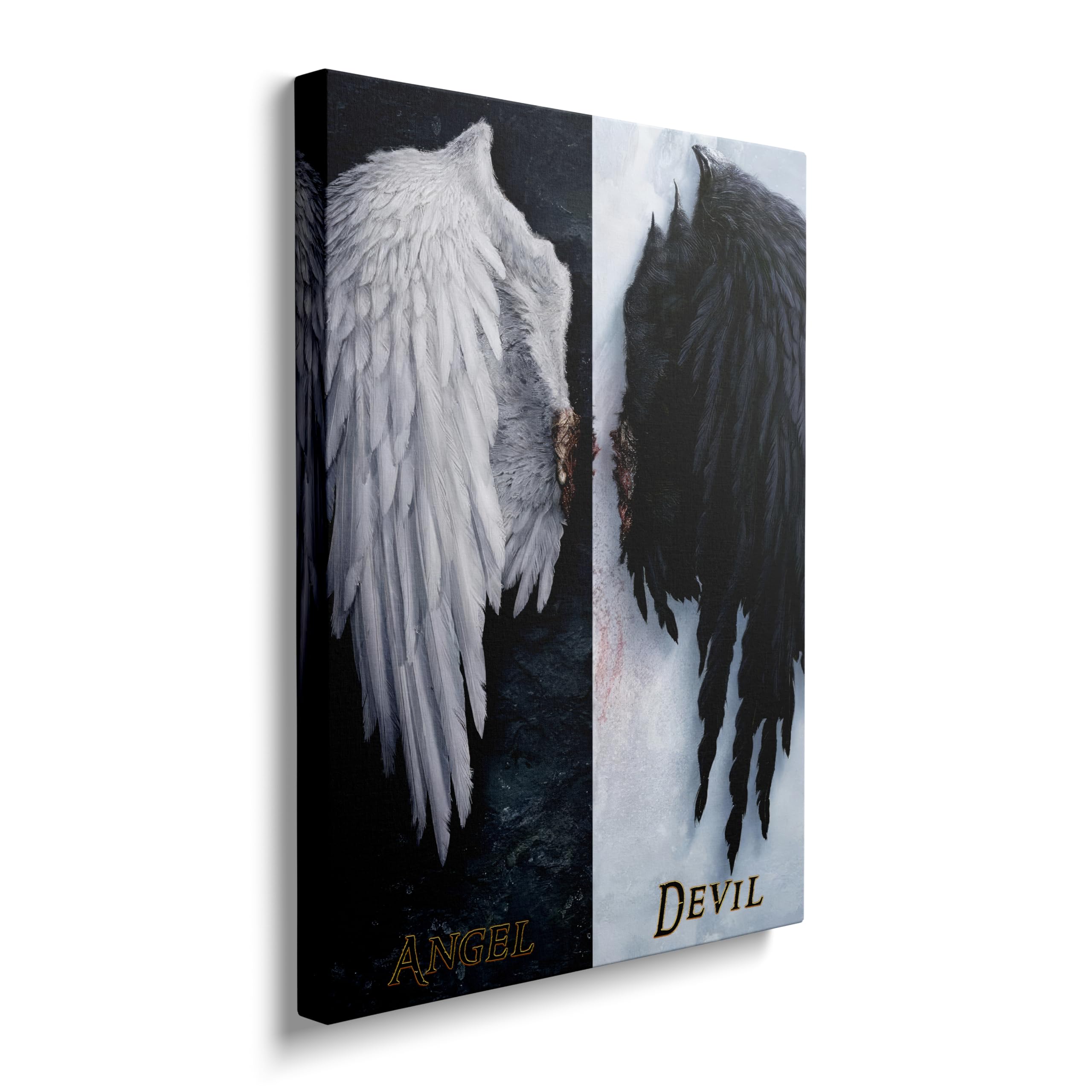 Framed Fantasy Black And White Angel VS Devil Canvas Wall Art Fallen Angel Wings Feather Decor Posters For Living Room Bathroom Home Office Artwork Gift Ready To Hang (12x16 Inches)